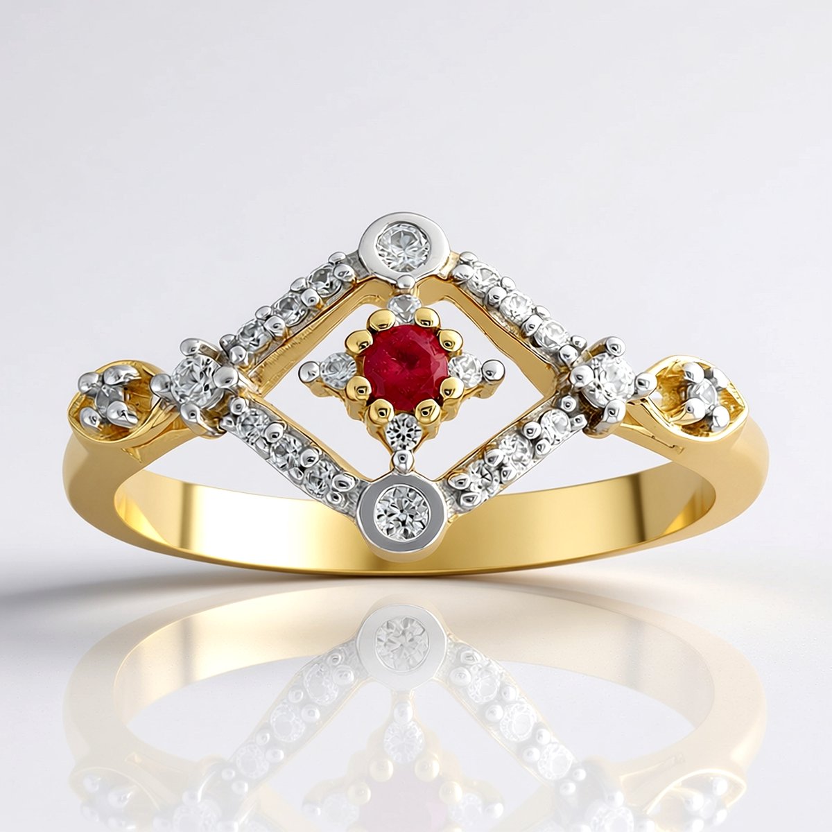 Cavill - 375 Geelgouden Ring met Ronde Rode Beryl 0,043 ct en Zirkonia's 0,184 ct - Elegante Gouden Ring Dames - Tijdloze Sieraden