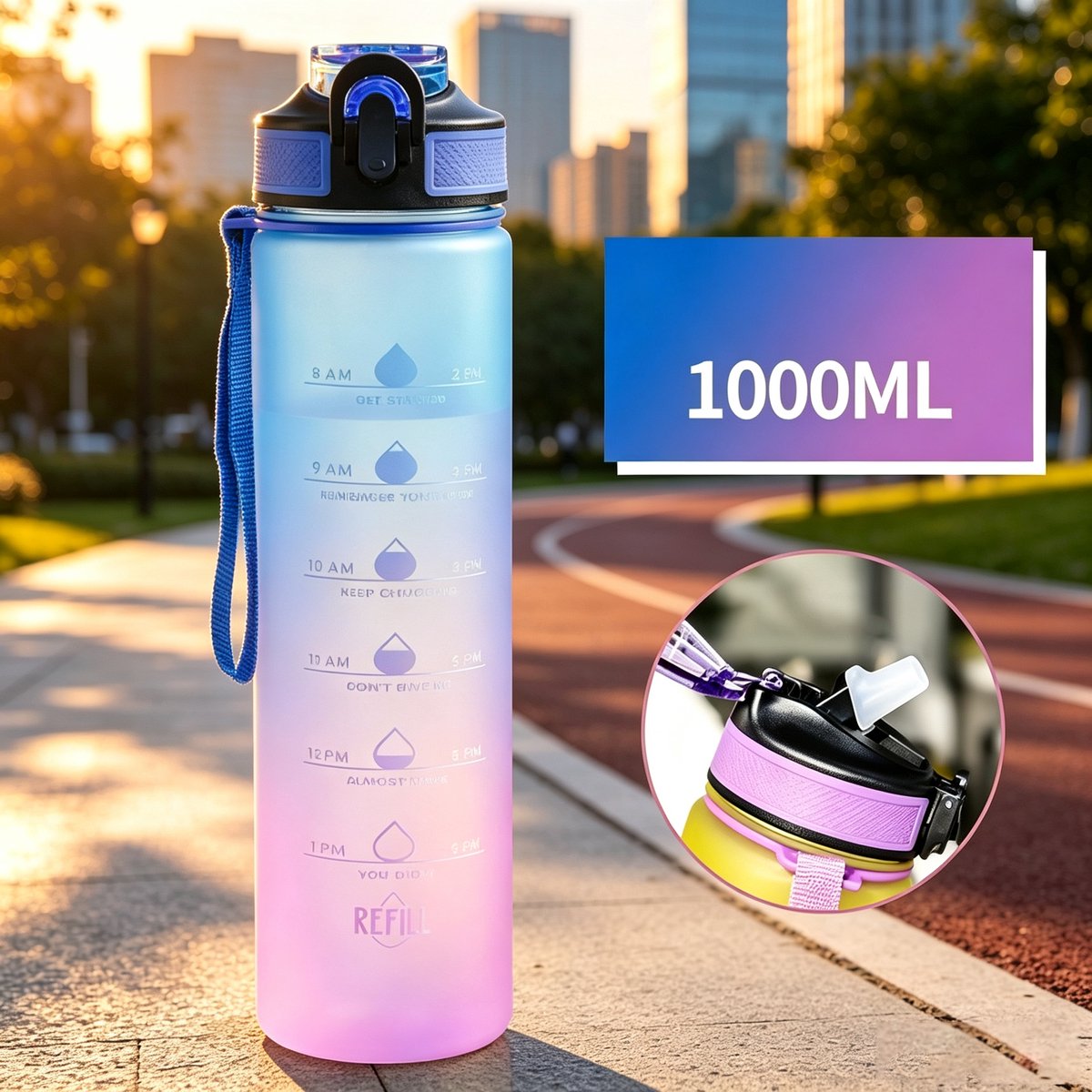 Sportwaterfles 1000 ml met drinktijdindicator en rietje met draaghandvat lekvrij BPA-vrij en gifvrij blijf gehydrateerd afmetingen 7,5 x 29 cm kleurverloop blauw
