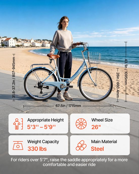 VEVOR Damesfiets 26 inch 7-Versnellings Cruiser Stadsfiets Lichtblauw Opvouwbaar, voor Stad, Strand, Winkelen en Reizen, met Lage Instap, Opvouwbaar Voormandje, Bagagedrager tot 50 Kg en Dubbele V-Remmen — afbeelding 3