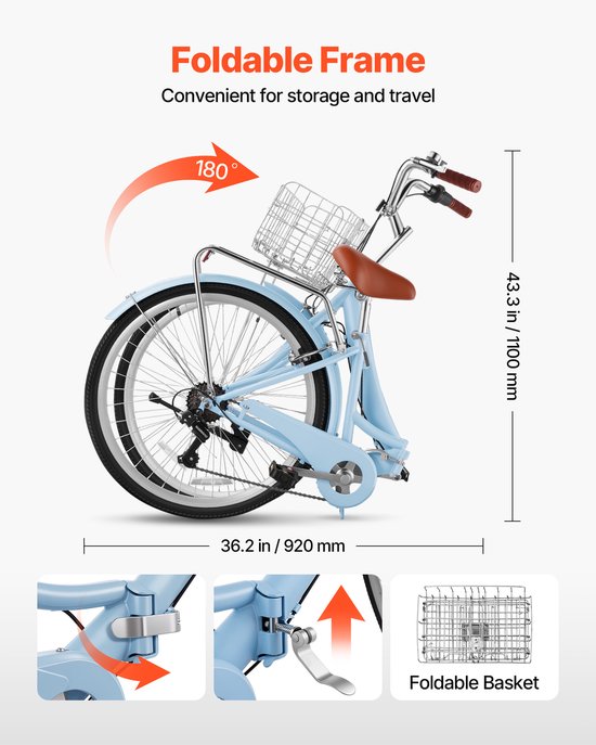 VEVOR Damesfiets 26 inch 7-Versnellings Cruiser Stadsfiets Lichtblauw Opvouwbaar, voor Stad, Strand, Winkelen en Reizen, met Lage Instap, Opvouwbaar Voormandje, Bagagedrager tot 50 Kg en Dubbele V-Remmen — afbeelding 4