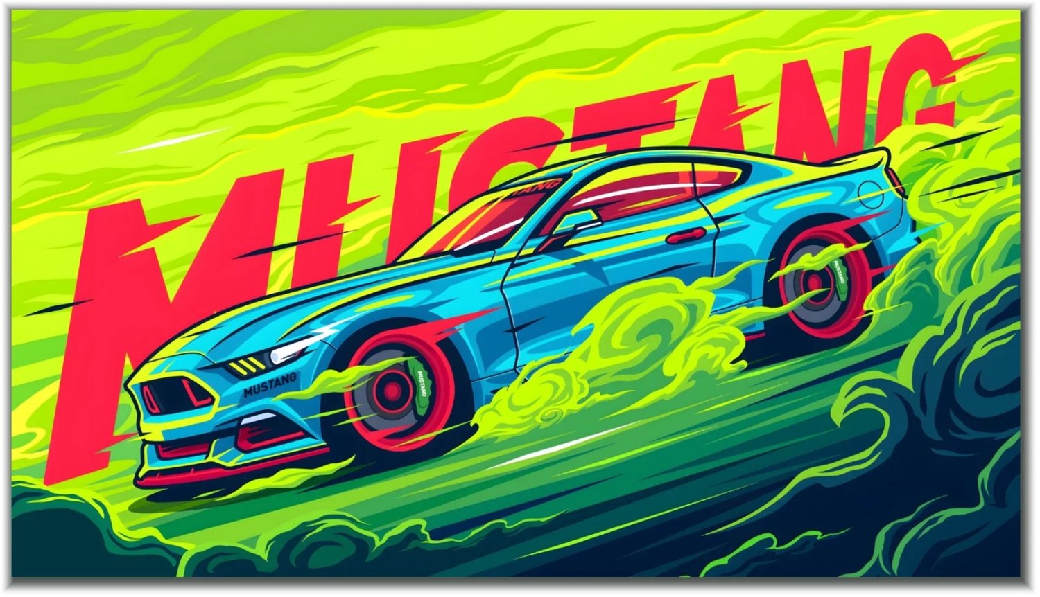 Postertje.nl Poster Ford Mustang – Blauw met neonaccenten – 80 × 45 cm Goud