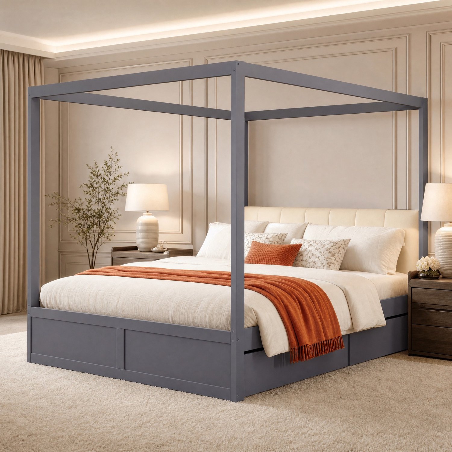 Maisentiel Grijs hemelbed 140 x 200 cm met 2 lades en gestoffeerd hoofdeinde