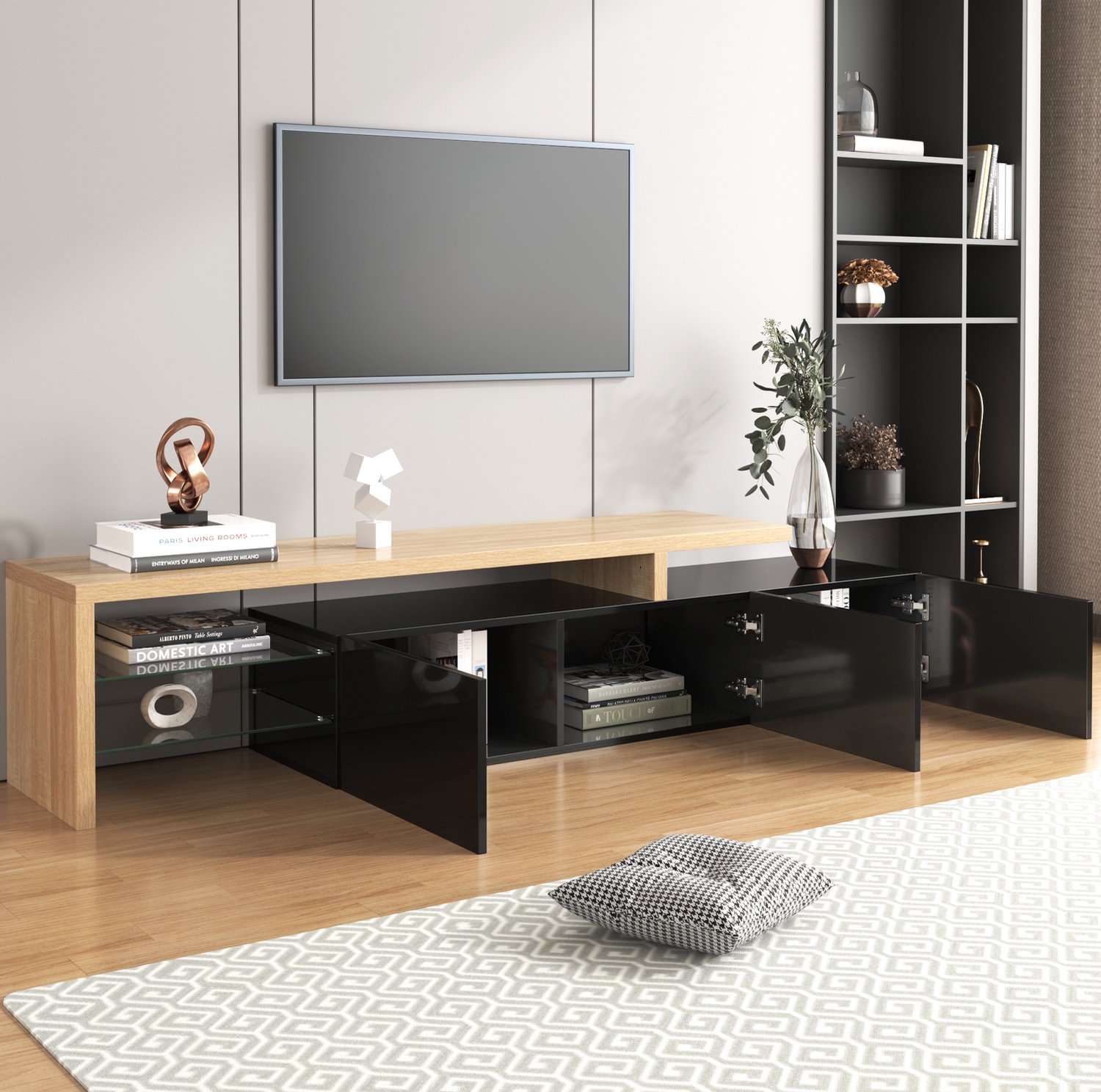 Maisentiel Tv-meubel met glazen planken en appgestuurde LED-verlichting - zwart/houtkleur - 197,5 cm