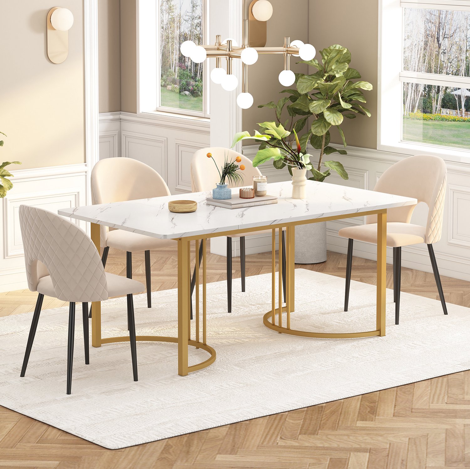 Maisentiel Eettafel 140 x 80 x 75 cm - wit met marmerpatroon en goudkleurig metalen onderstel