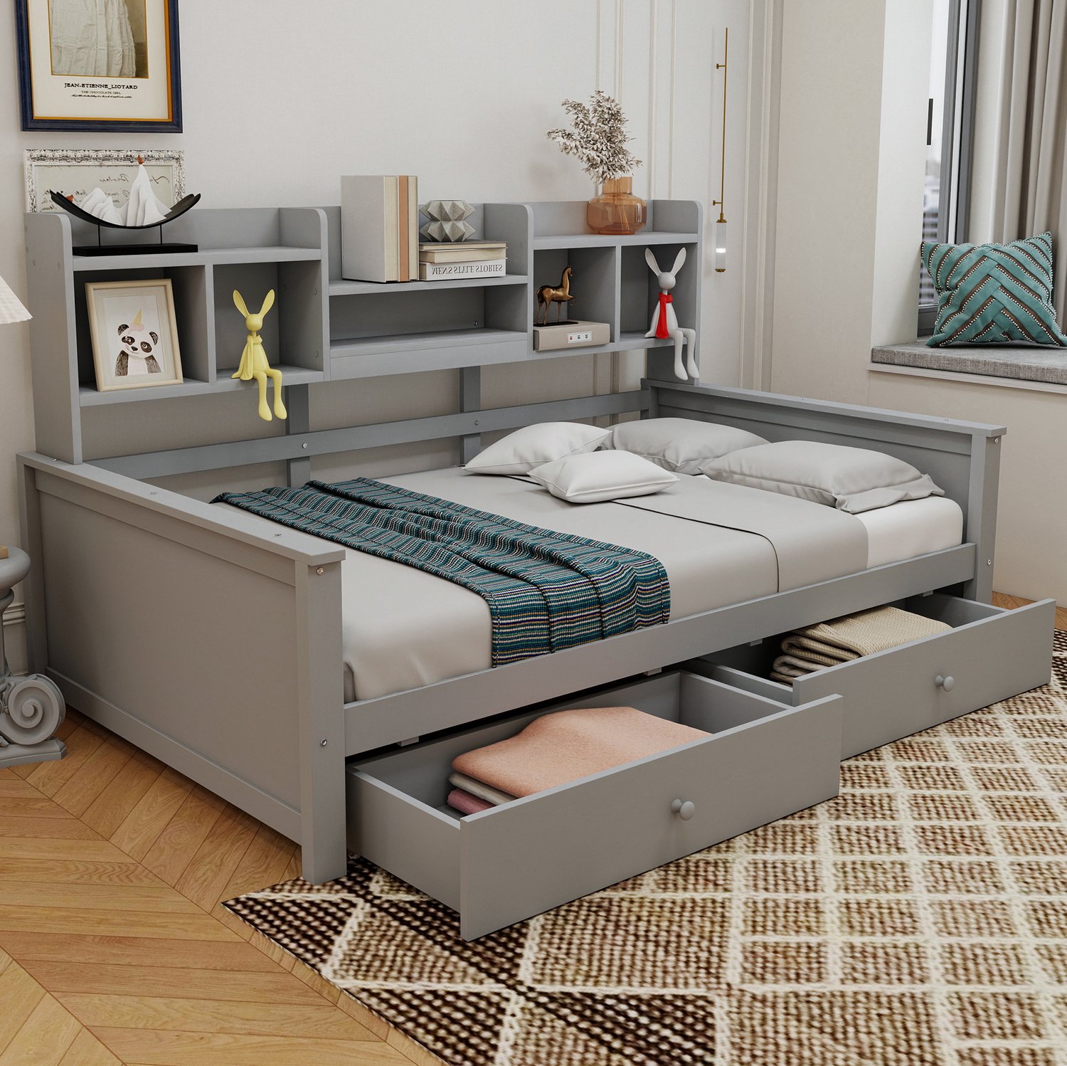 Maisentiel Grijze bedbank 90 x 200 cm met 2 lades, opbergvakken en lattenbodem Grijs