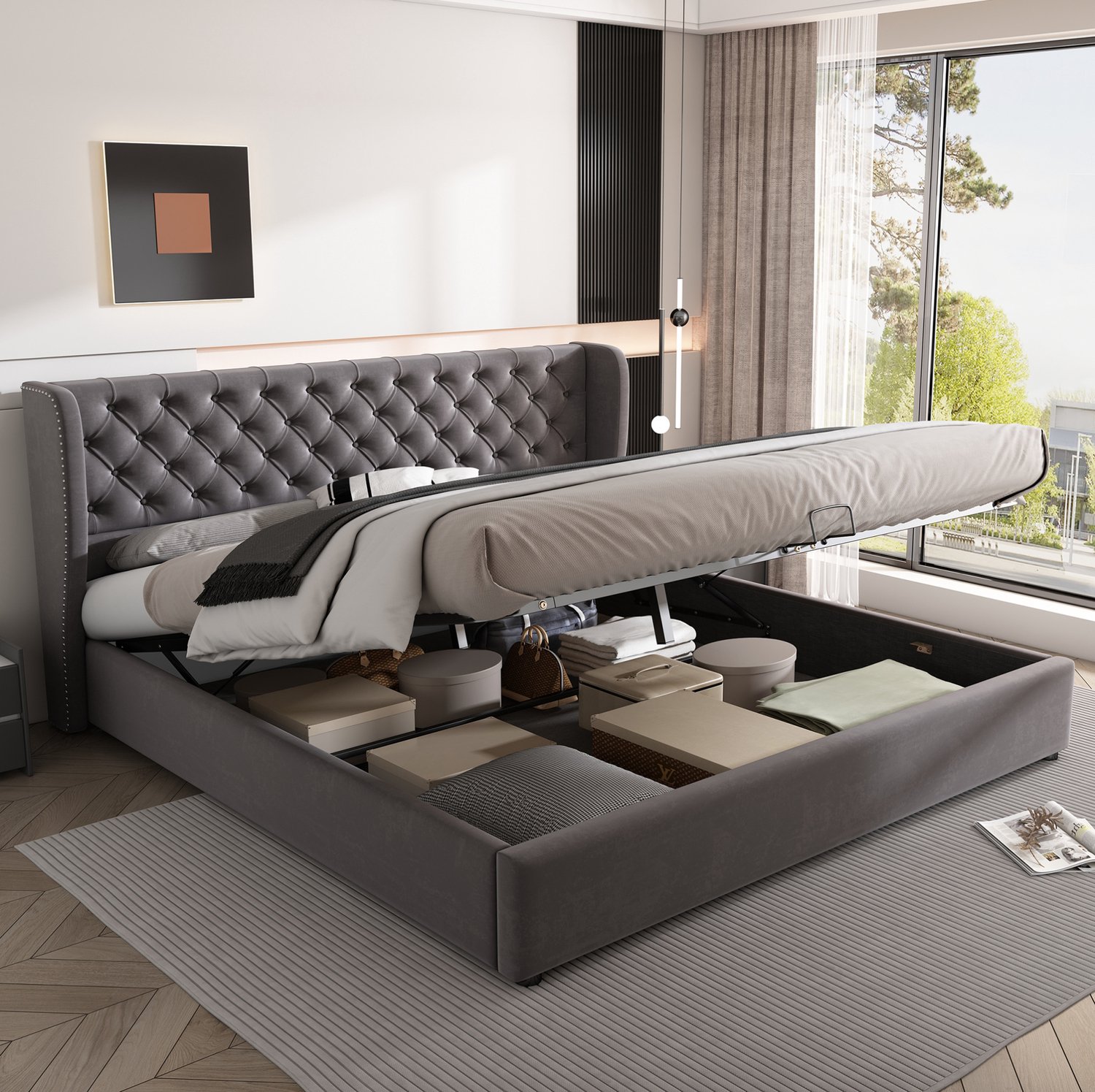 Maisentiel Gestoffeerd tweepersoonsbed 180 x 200 cm - grijs fluweel met opbergruimte en lattenbodem