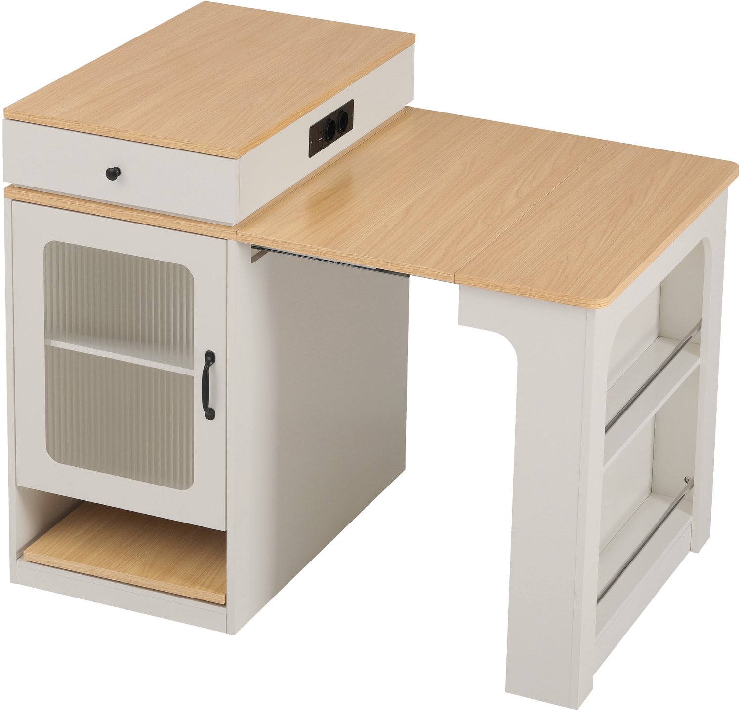 MUVANO Uitschuifbare eettafel - Wit keukeneiland op wielen - Met stopcontacten en lade - Houtlook en geribbeld glas - 92 cm hoog - Voor keuken en eetkamer