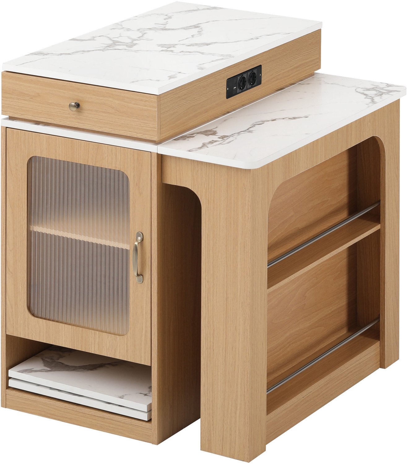 MUVANO Keukeneiland met uitschuifbare eettafel - Lade en ribbelglas - Stopcontacten - 92 cm hoog - Voor keuken en eetkamer - Naturel houtlook