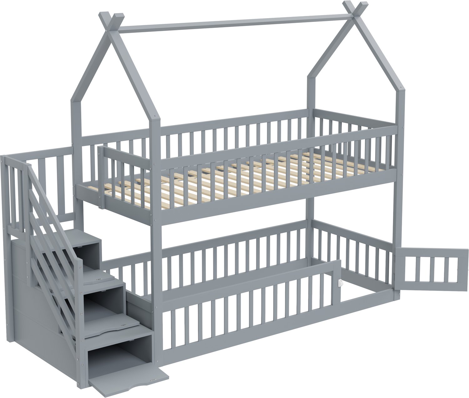 MUVANO Kinderstapelbed - Stapelbed met dak, trap en opberglades - Massief grenen frame - 90 x 200 cm - Met deurtje - Voor de kinderkamer - Grijs