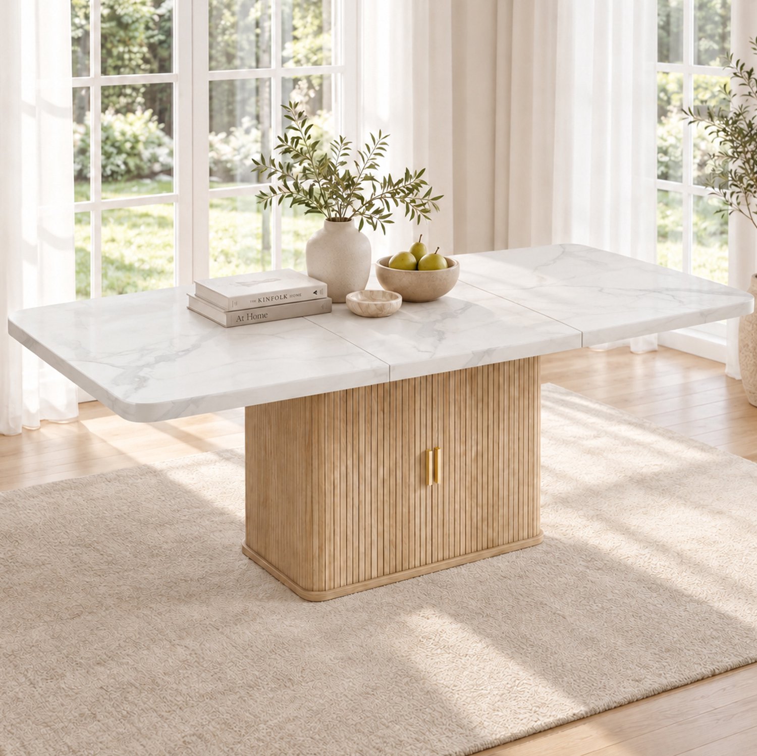 HAUSS SPOLE Eettafel - Uitschuifbaar Met Opbergruimte - Voor 6 Tot 8 Personen - MDF - Witte Marmerlook En Eikenkleur - 150 Tot 200 x 90 x 75 cm Wit, eikenkleur