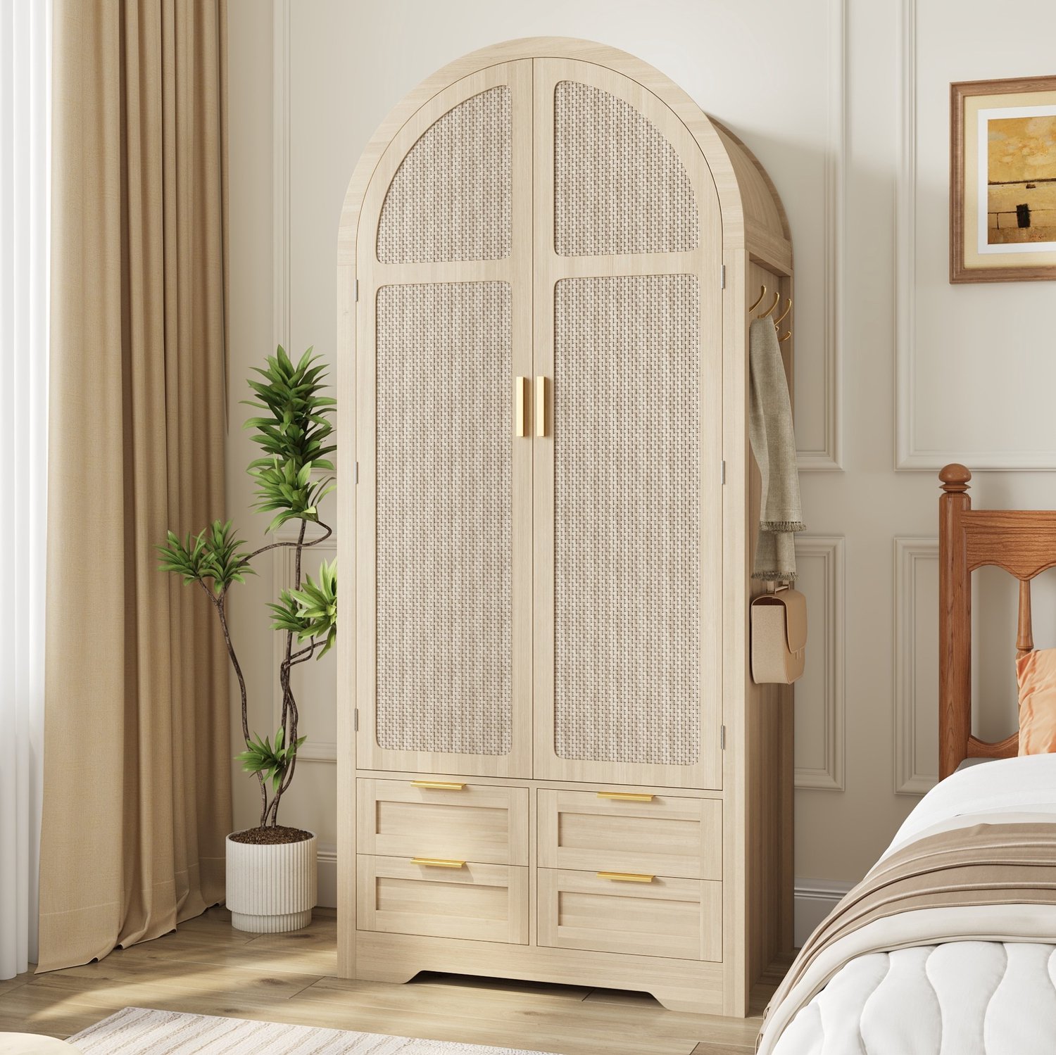 HAUSS SPOLE Kledingkast - Gebogen Deuren Met Rotan - Kledingroede, Planken En 4 Lades - Voor Slaapkamer En Hal - MDF - 80x50x180 Cm - Eikenhoutkleur