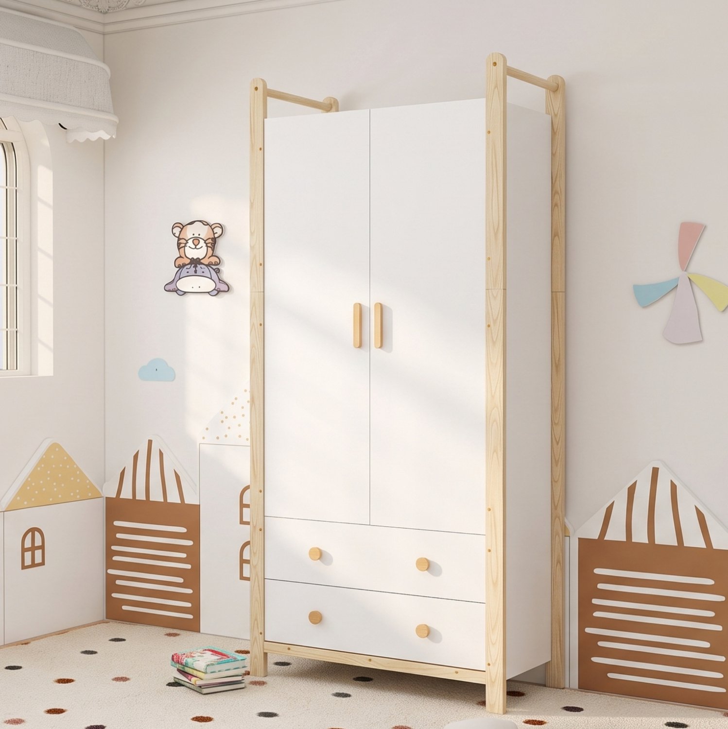 REDOM Kledingkast 90x45x180 cm - 2 deuren, kledingroede en 2 lades - Wit/naturel Wit en naturel houtkleur