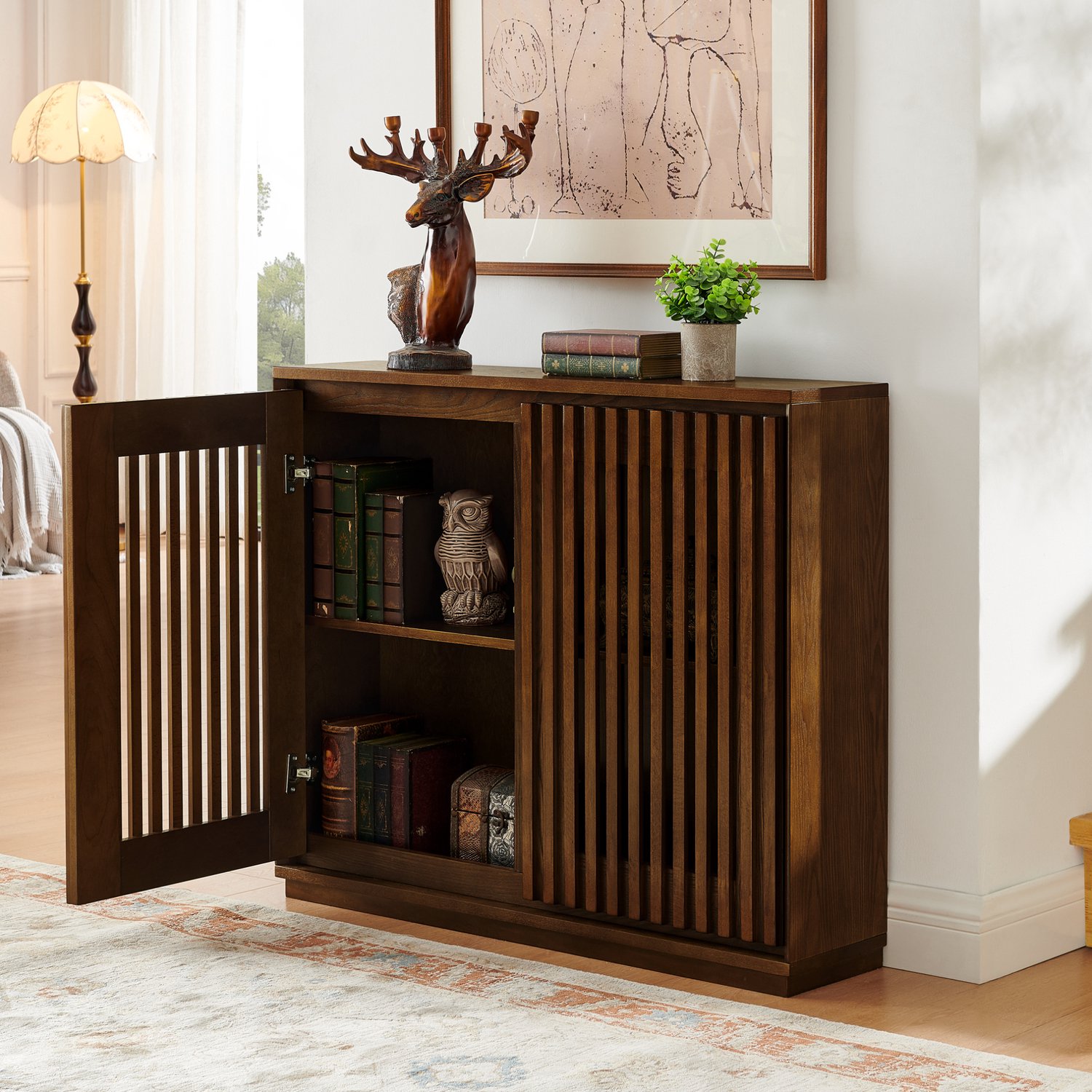 REDOM Dressoir 99x23,5x82,6 cm - Opengewerkte deuren met houten latten - 2 kabelopeningen - Walnoot Walnootkleur