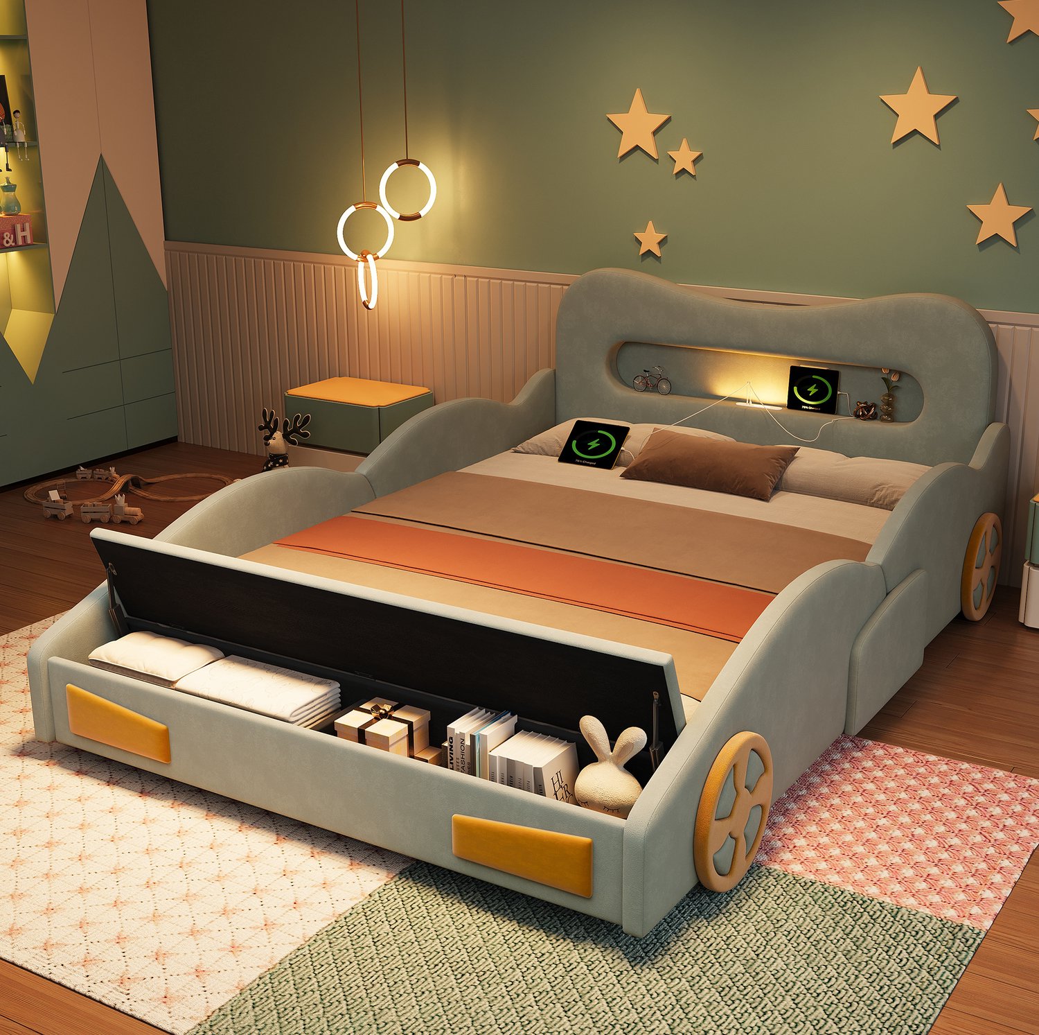 Maisentiel Groen kinderbed in autovorm 140 x 200 cm - Fluweel - Leeslamp en opbergruimte