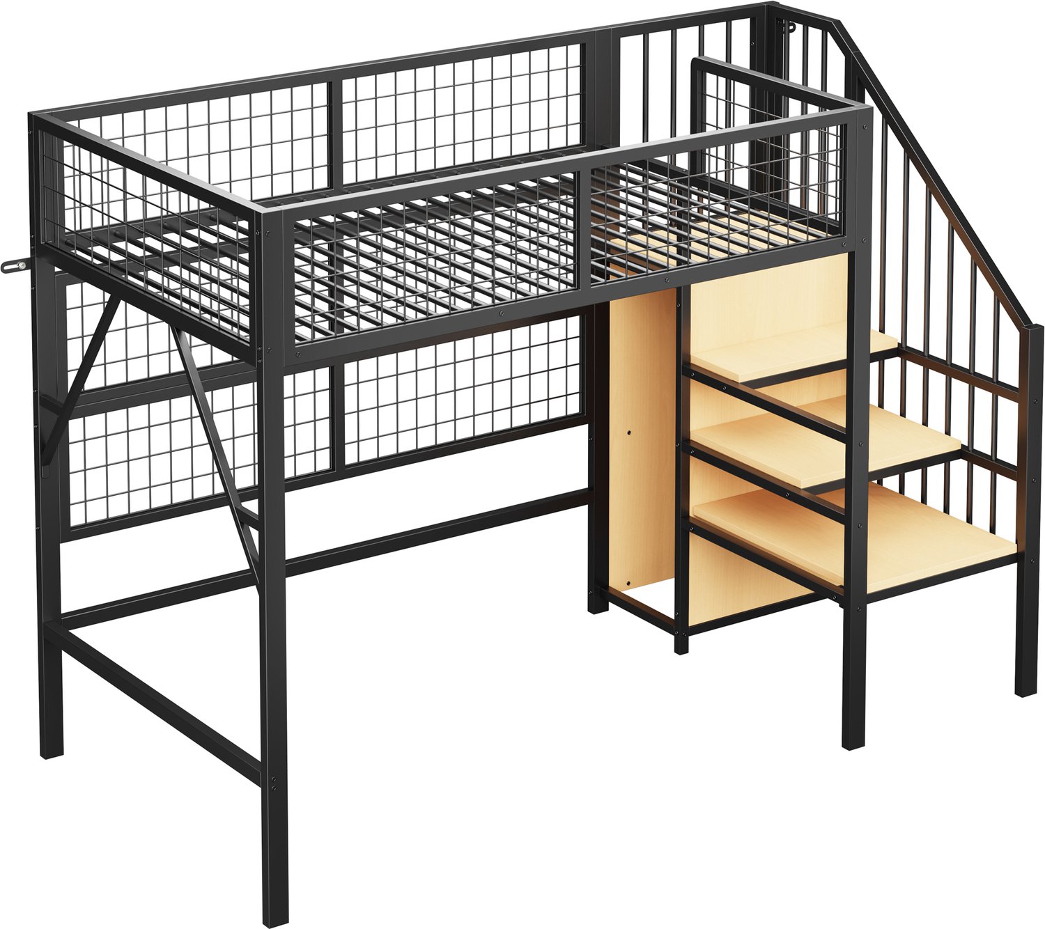 MUVANO Hoogslaper - Metalen bed 90x200 cm - Opbergtrap en open kledingkast - Ledverlichting met appbediening - Gaasomranding - Kinderkamer - Zwart