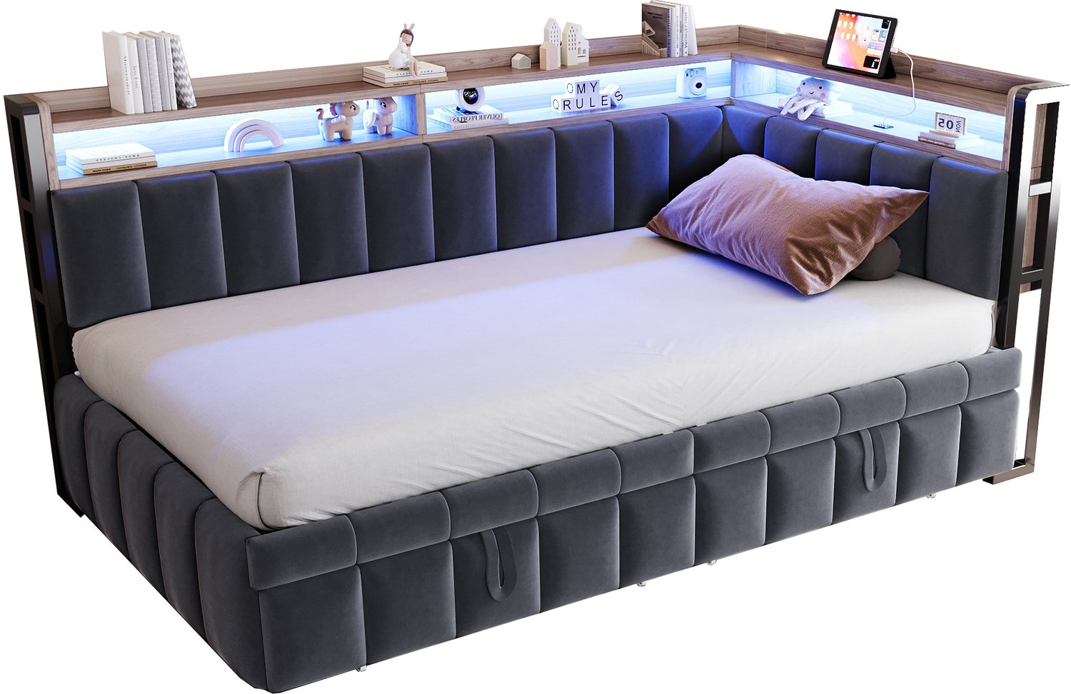 MUVANO Bedbank 90x200 cm met onderschuifbed - Slaapbank met ledverlichting, USB en USB-C - Fluwelen bekleding - Opbergvakken - Logeerkamer - Donkergrijs