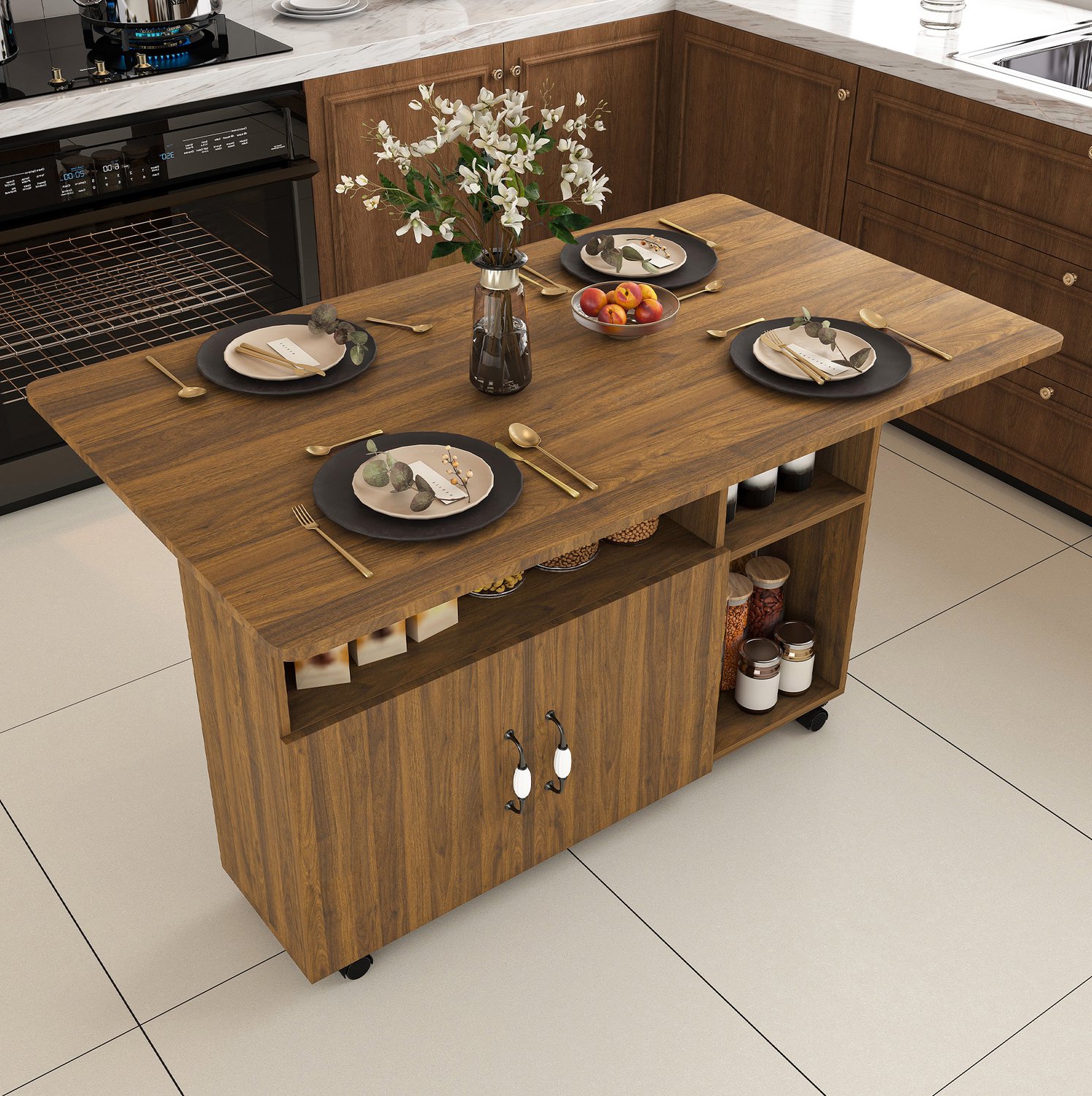 DESMIU Eettafel - Opklapbaar met Twee Tafelbladen en Opbergruimte - Verrijdbaar voor Keuken en Werkkamer - MDF - Walnootkleur - 110x70x80 cm Licht walnootkleurig