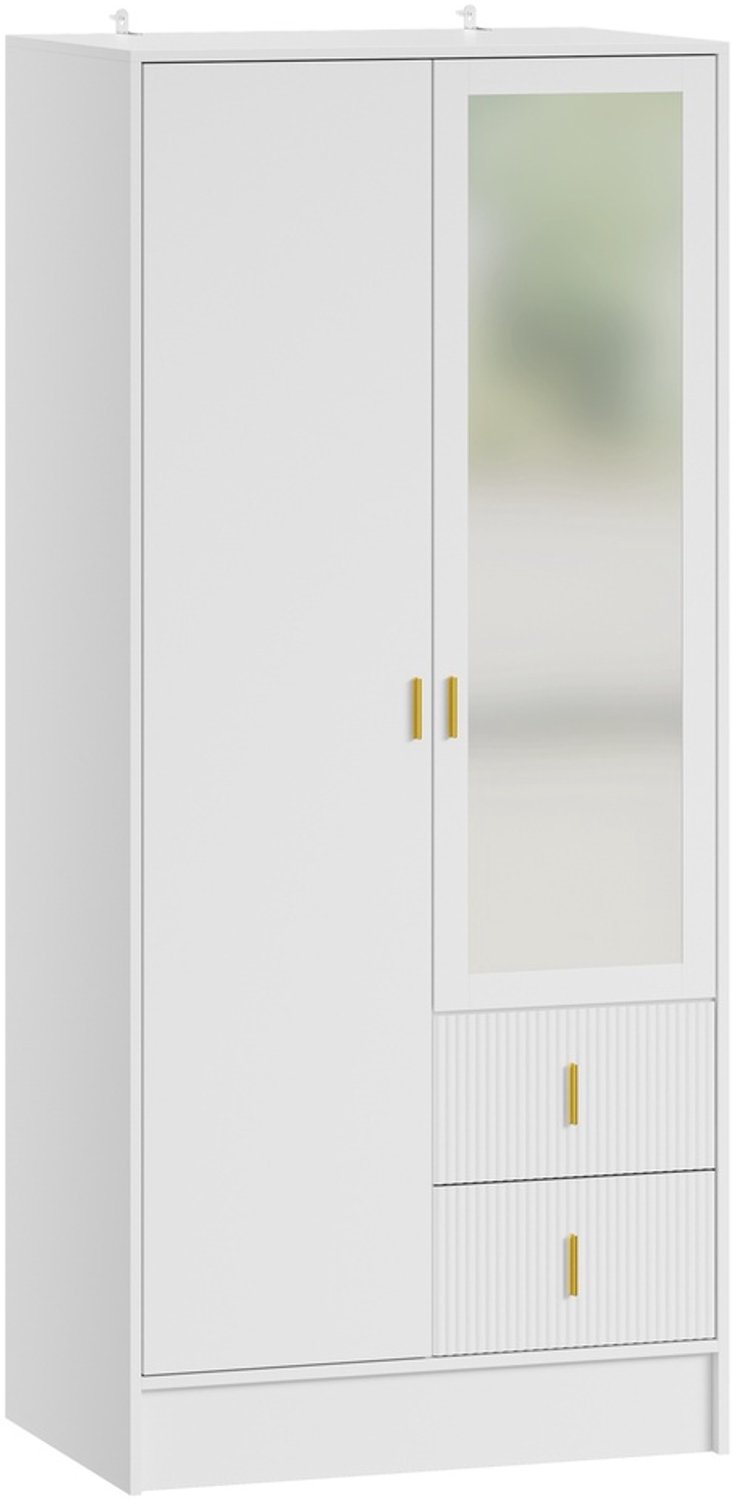 SoBuy Kledingkast met spiegel - Kledingkasten slaapkamer met 2 deuren en 2 geribbelde lades - Kledingkast organizer met goudkleurige handgrepen - Witte MDF kledingkast | KSB11-W