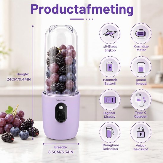 Draagbare Mini Mixer met Digitaal Display, Oplaadbare Smoothie Maker voor Fruit, Sappen en Smoothies met Schoonmaakborstel — afbeelding 5