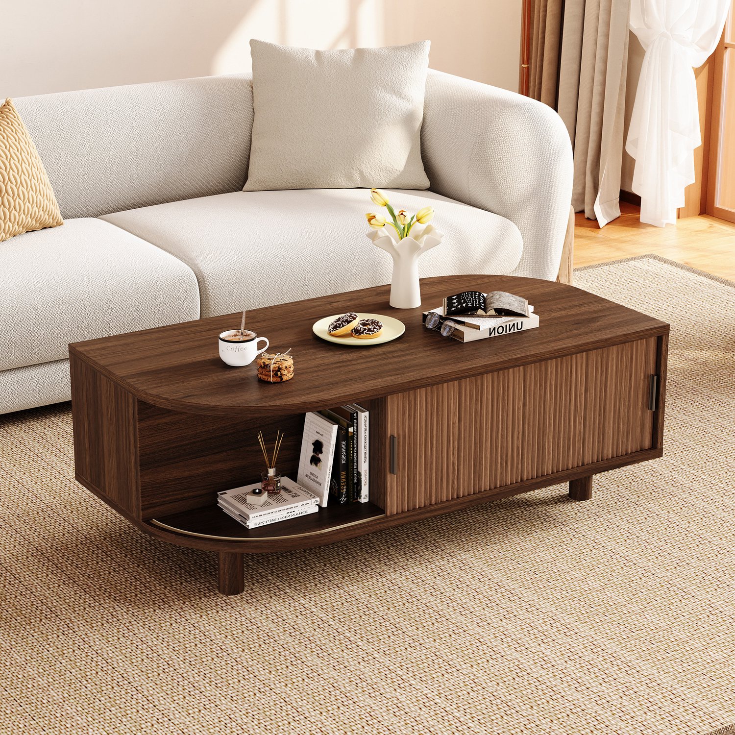 MODENUIT Salontafel - Twee Schuifdeuren - Woonkamer - MDF en Spaanplaat - Walnootkleur - 100x50x35 cm