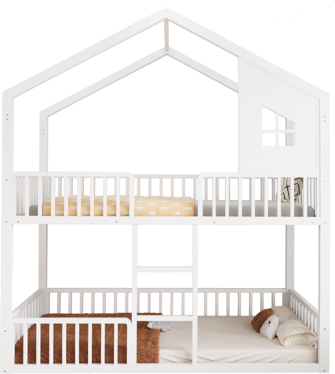MUVANO Metalen kinderstapelbed 90 x 200 cm - Huisbed met dakframe en ramen - Rechte ladder en uitvalbeveiliging - Voor de kinderkamer - Wit