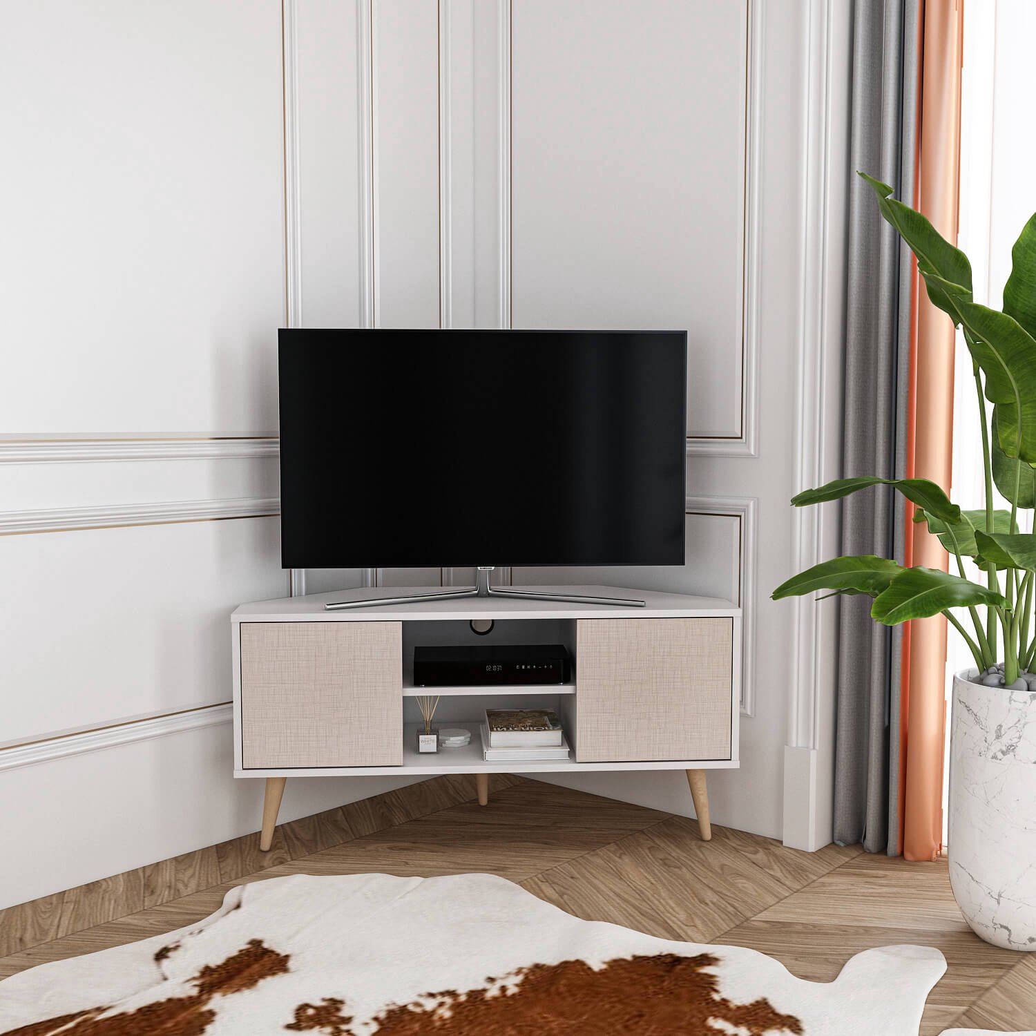 Decorotika TV Meubel Beige – Modern Televisiemeubel met Opbergruimte – Stijlvol TV Kast voor Woonkamer – 120 cm Katoen, beige en wit