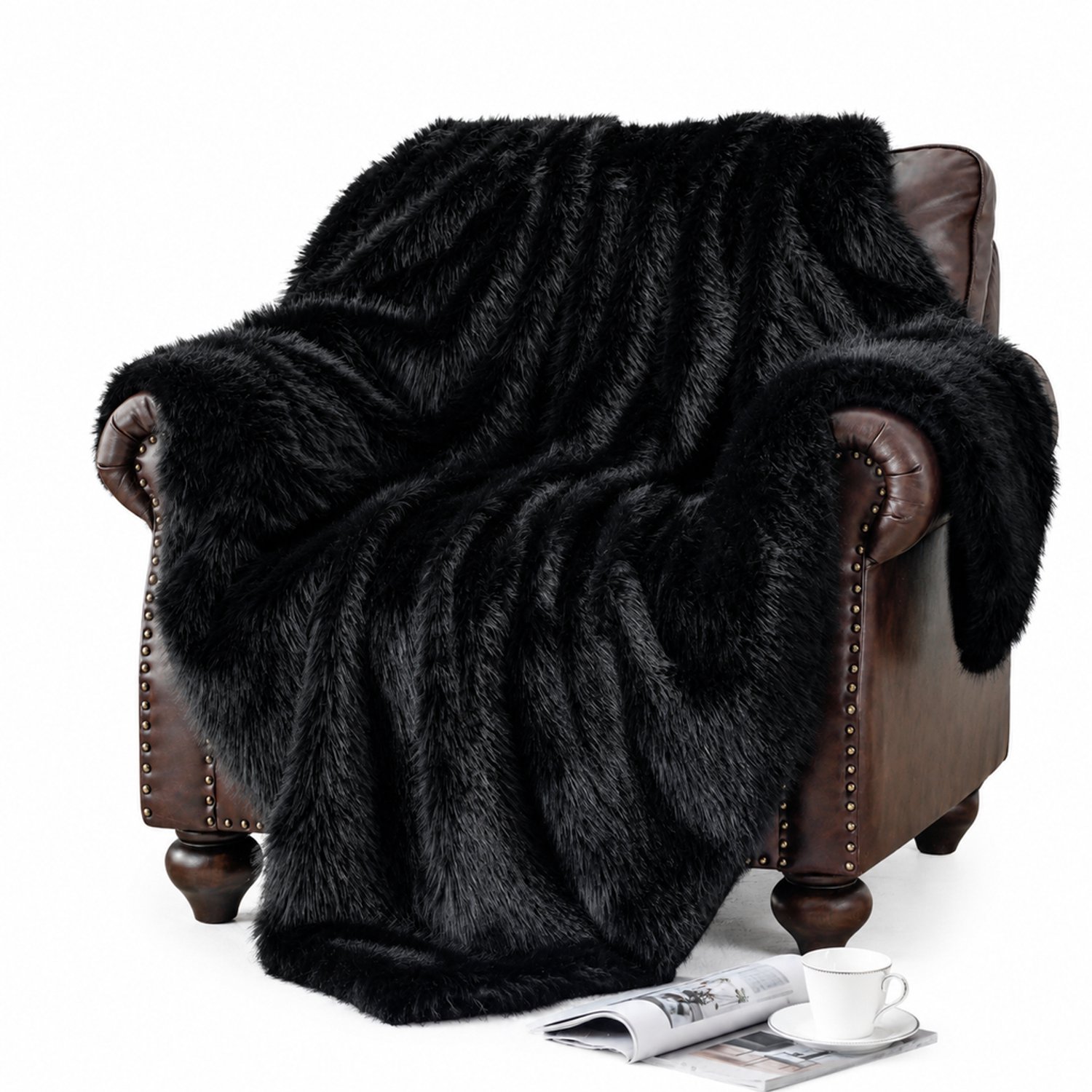 SWGOTA Zwarte plaid van imitatiebont 127 x 152 cm, langharige deken met streeppatroon van polyester