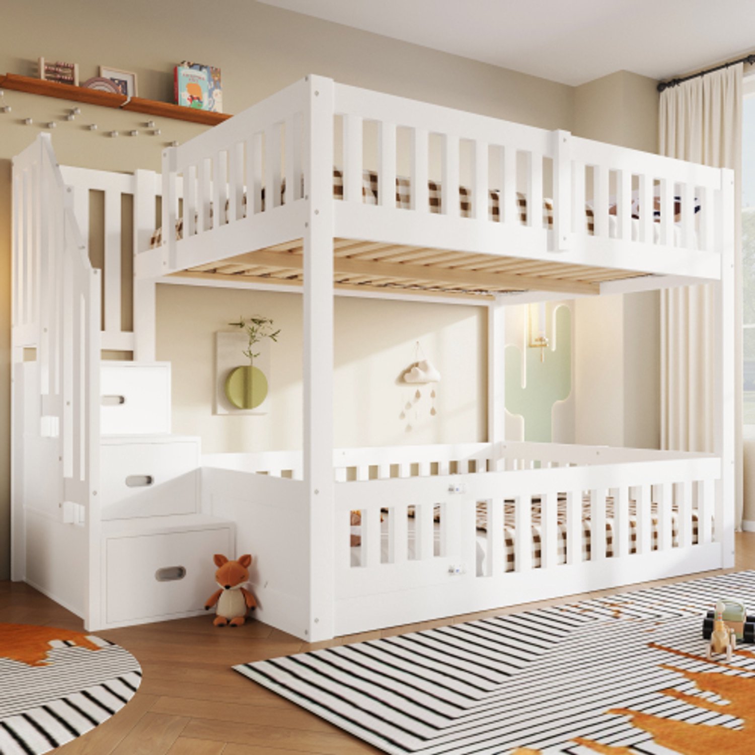 Zubaliya Kinderbed, Tweepersoonsbed, 140X200 Stapelbed, ladder met opbergruimte, Wit
