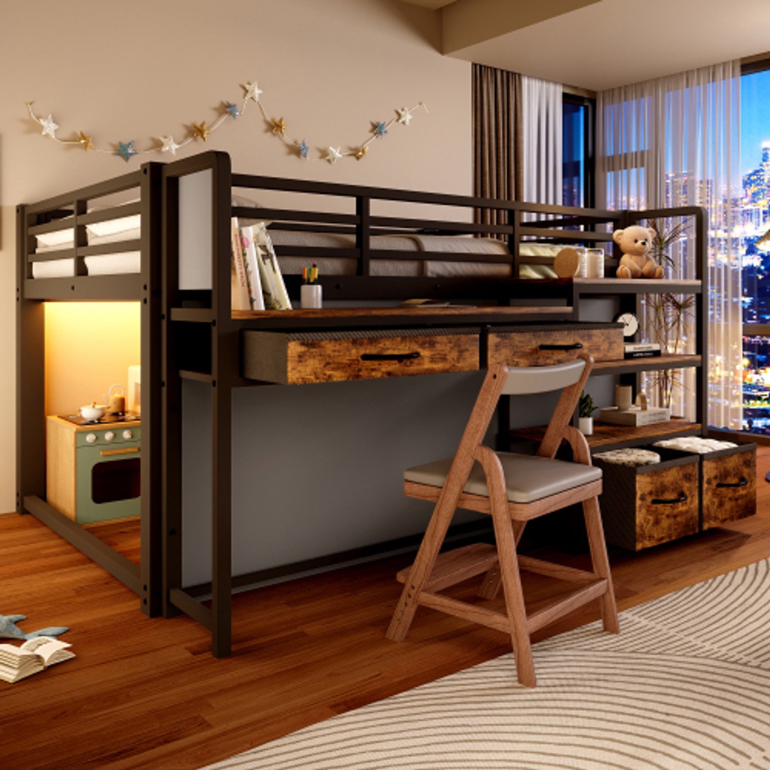 Zubaliya Hoogslaper 140 x 200 cm met bureau, Kinderbed, Tweepersoonsbed, opbergruimte en stoffen lades, kinderbed van metaal met gordijn, meerlaags rek en LED-verlichting, Zwart