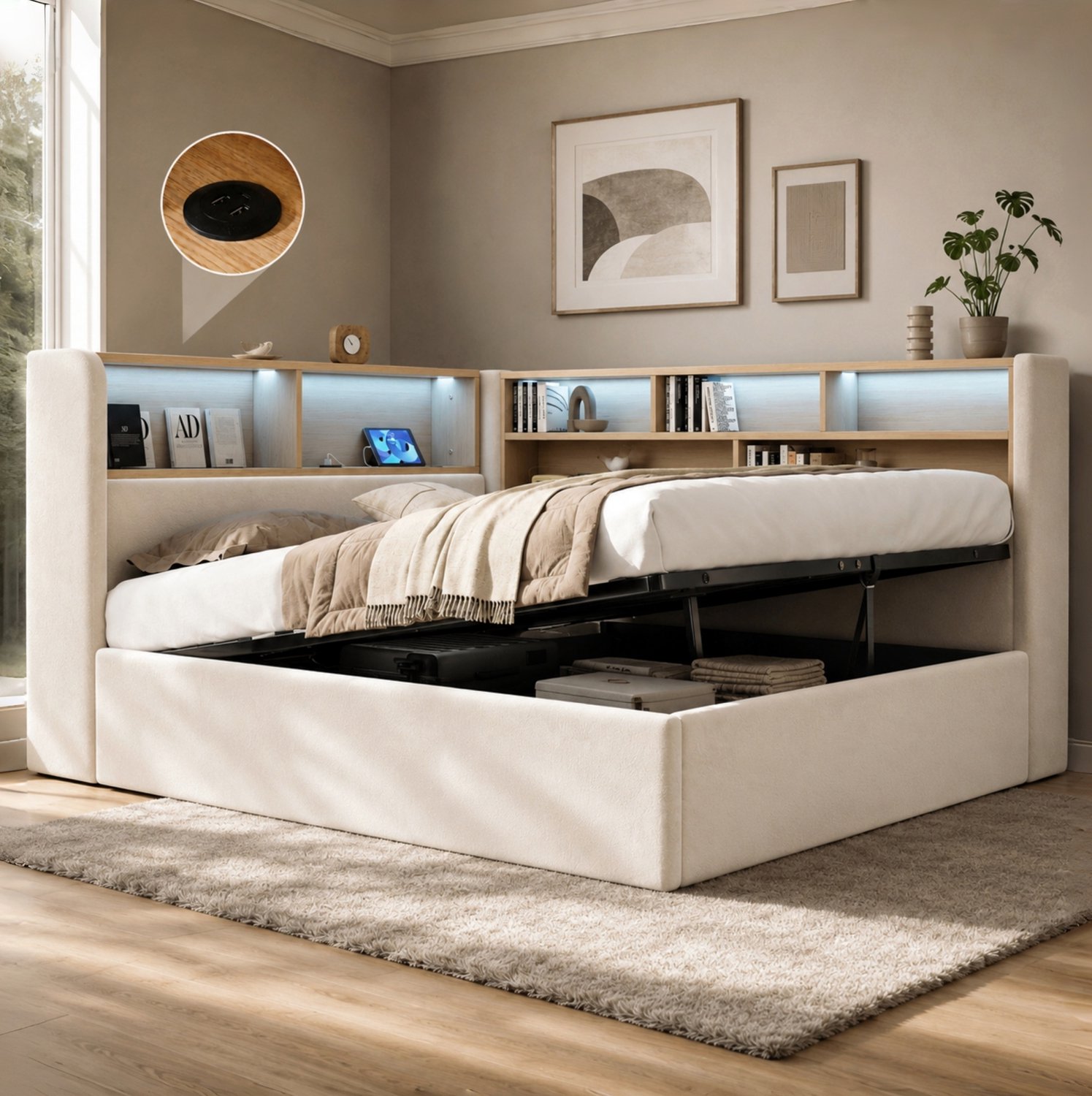 Maisentiel Dagbed 140 x 200 cm met hydraulische opbergruimte, lattenbodem en LED - beige