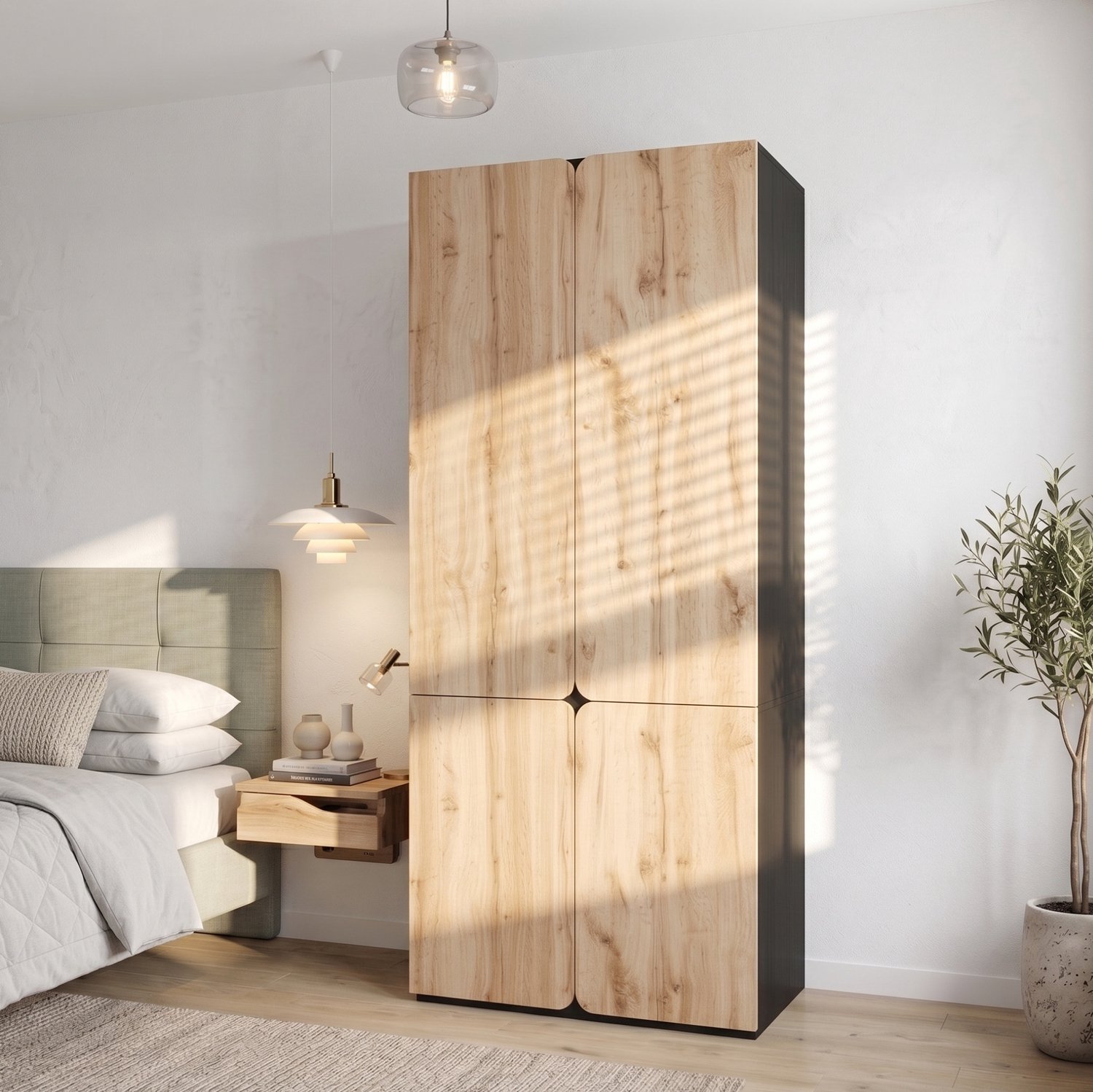 HAUSS SPOLE Kledingkast - 4 Deuren, 3 Laden en Kledingstang - voor Slaapkamer, Hal en Kinderkamer - MDF en Spaanplaat - 90x50x200 cm - Eikenlook Eikenlook, zwart