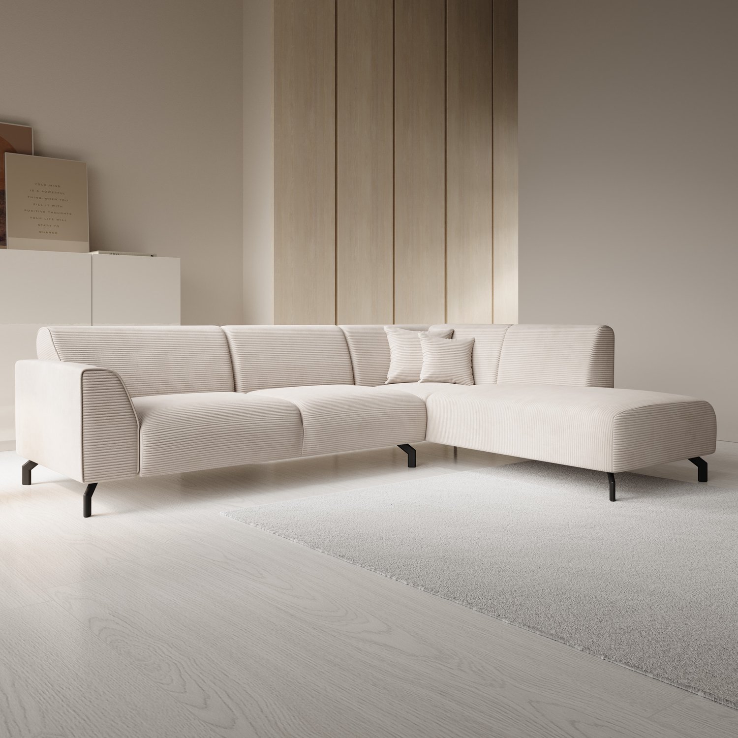 MEUBELLA Moana - Hoekbank 4-zits - Ribstof beige - Rechts