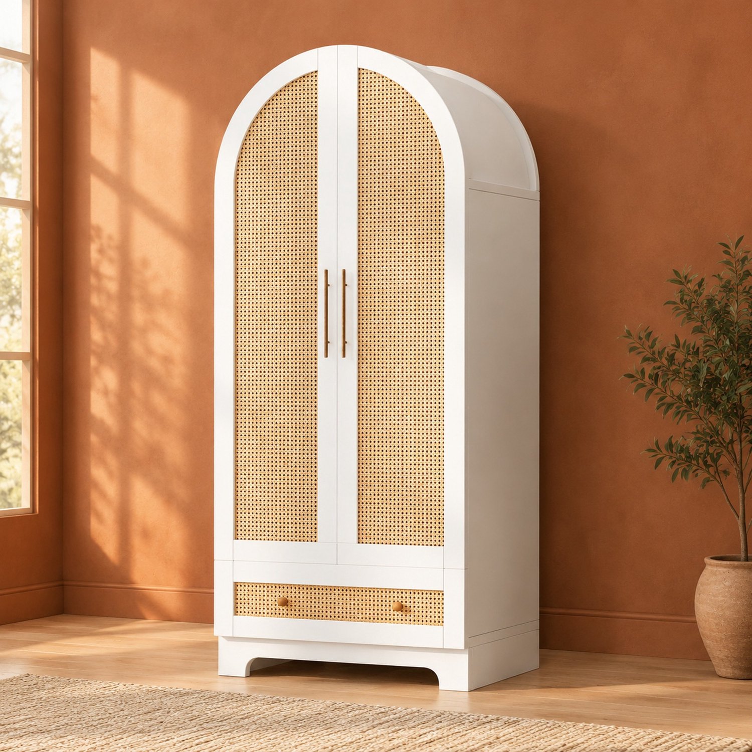 Maisentiel Witte kledingkast met dubbele deuren, lades en rotanlook - 70 x 55 x 170 cm
