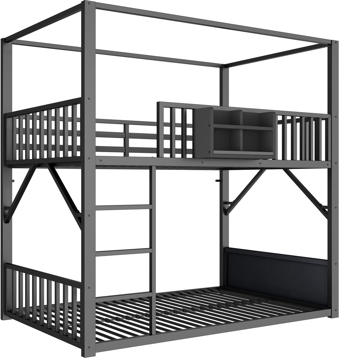 MUVANO Metalen stapelbed 90 x 200 cm - Kinderbed met dakconstructie - Boekenrek en opbergtas - Met uitvalbeveiliging - Voor de kinderkamer - Zwart