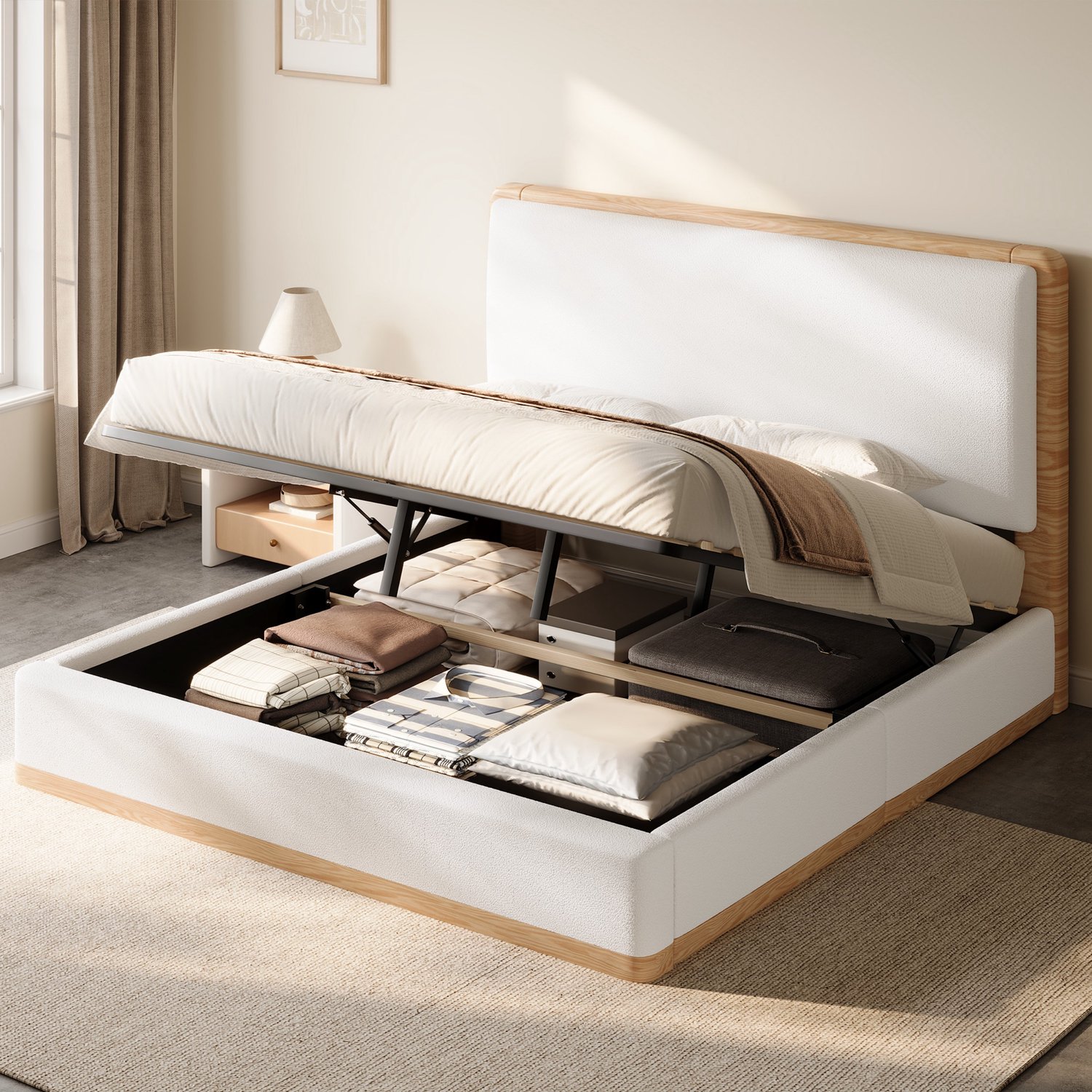 PHOEBE CAT Tweepersoonsbed - 140 x 200 cm - Houten bedframe - Gestoffeerd hoofdeinde - Met opbergruimte - Wit + Naturel