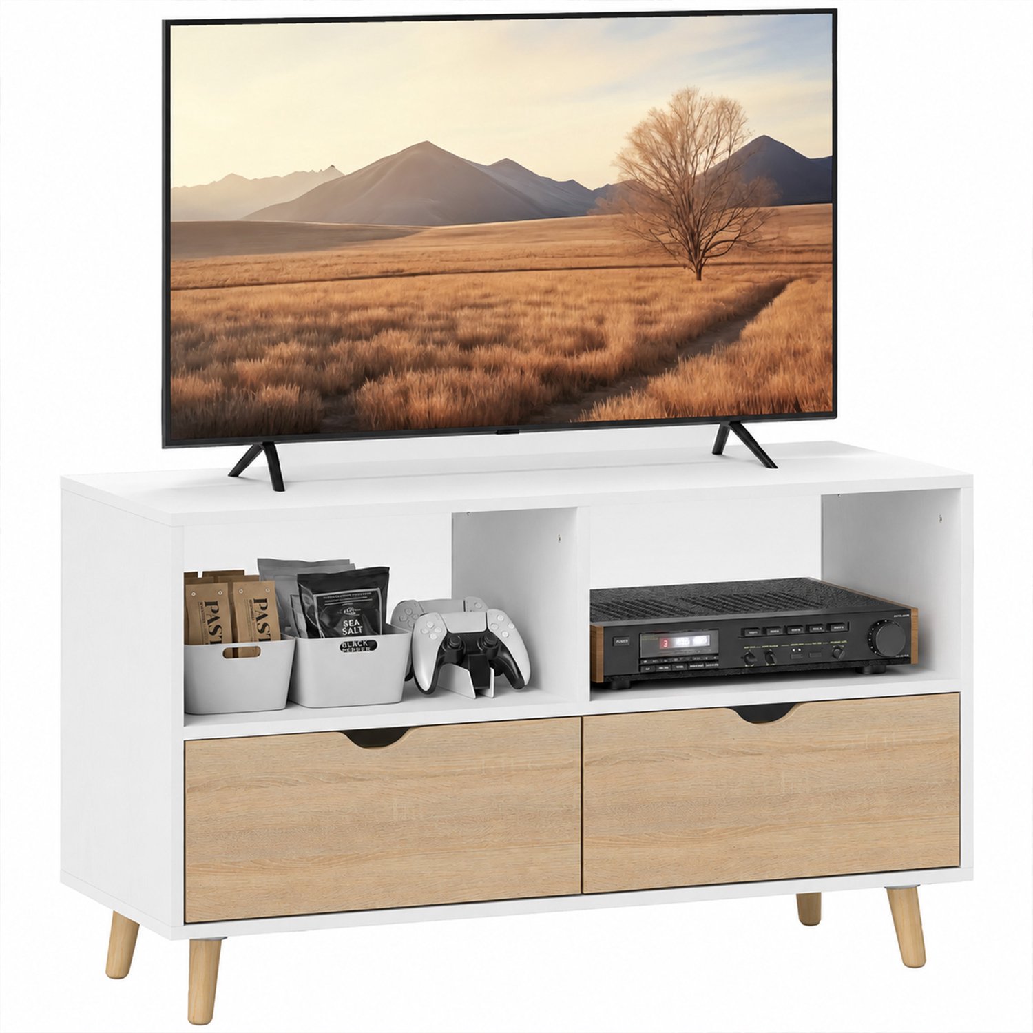 Lunpog tv meubel – tv kast – tv dressoir – tv meubel met lades – tv plank – Wit Met Houten Poten – 99x39x58 cm – Duurzaam Melamine oppervlak