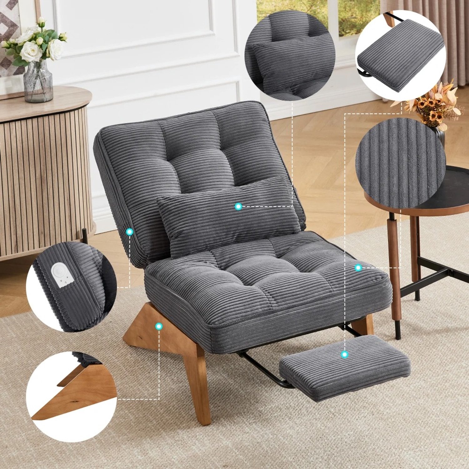 D&J Fauteuil - Moderne Verstelbare Fauteuil - Rugloze Fauteuil van stof met voetensteun - Woonkamer - Slaapkamer - Studeerkamer Grijs