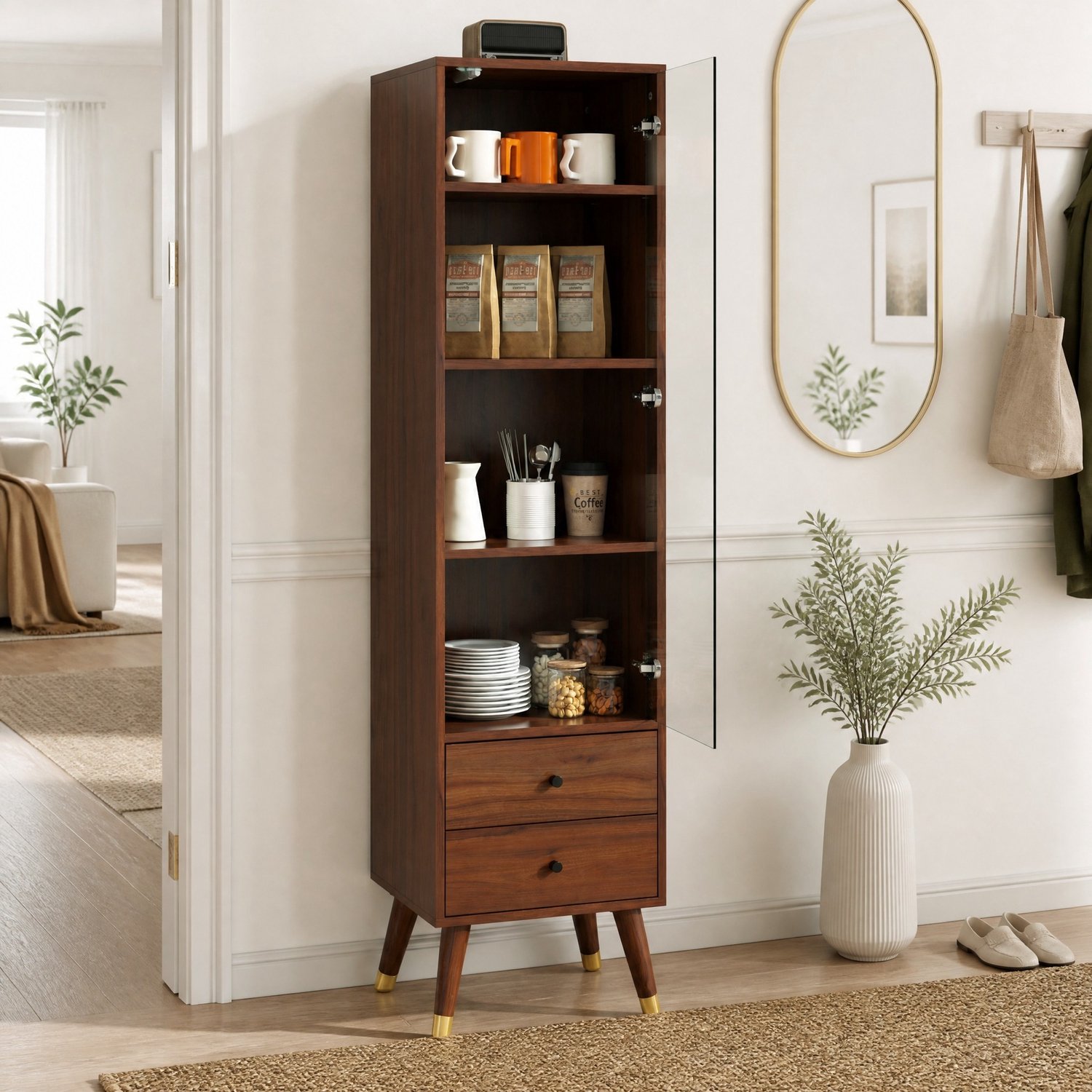 Wishdor Vitrinekast met glazen deur en 2 lades - Drie verstelbare planken en greeploze drukopening - Moderne kast voor woonkamer badkamer kantoor en hal - MDF - Walnootkleur - 39,8 x 35 x 160 cm
