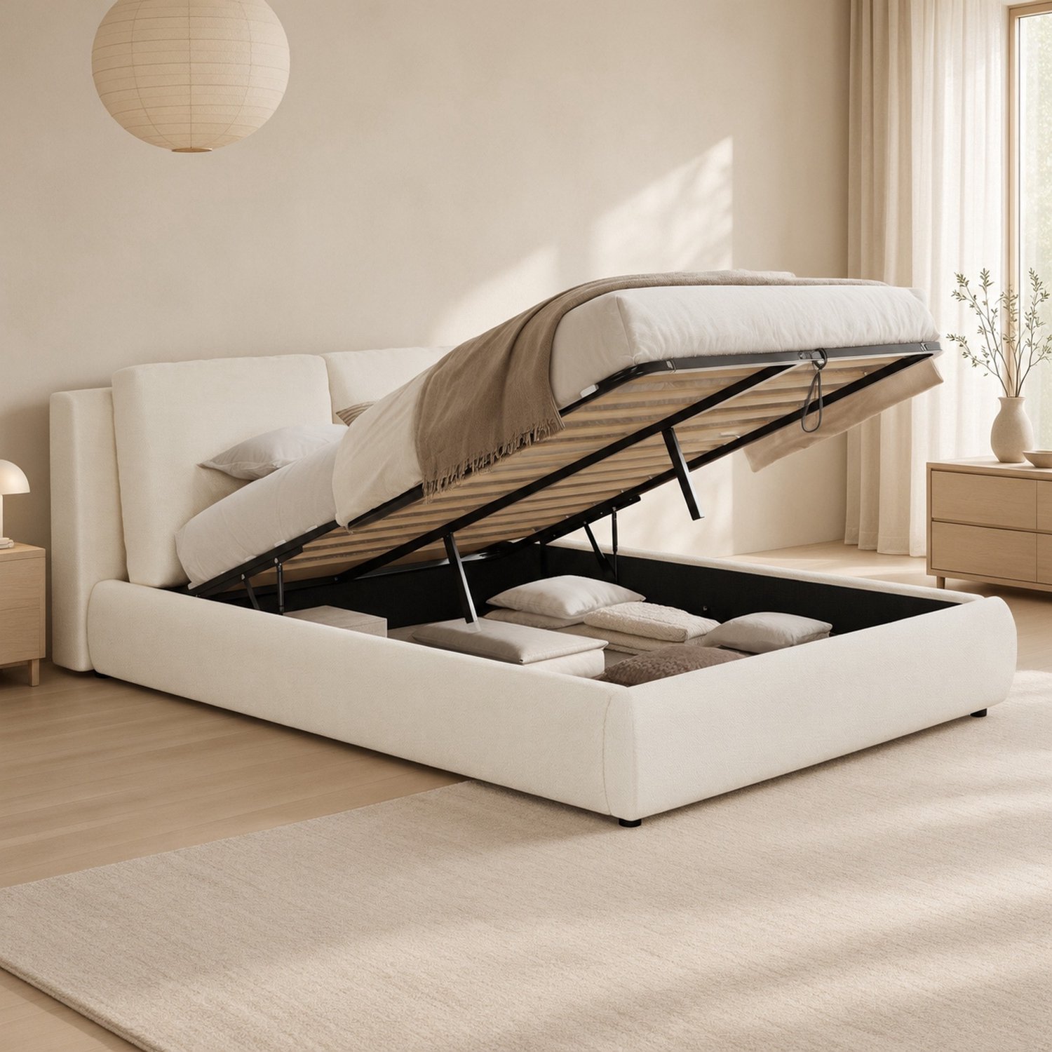 Maisentiel Gestoffeerd tweepersoonsbed 180 x 200 cm met opbergruimte en lattenbodem - beige bouclé