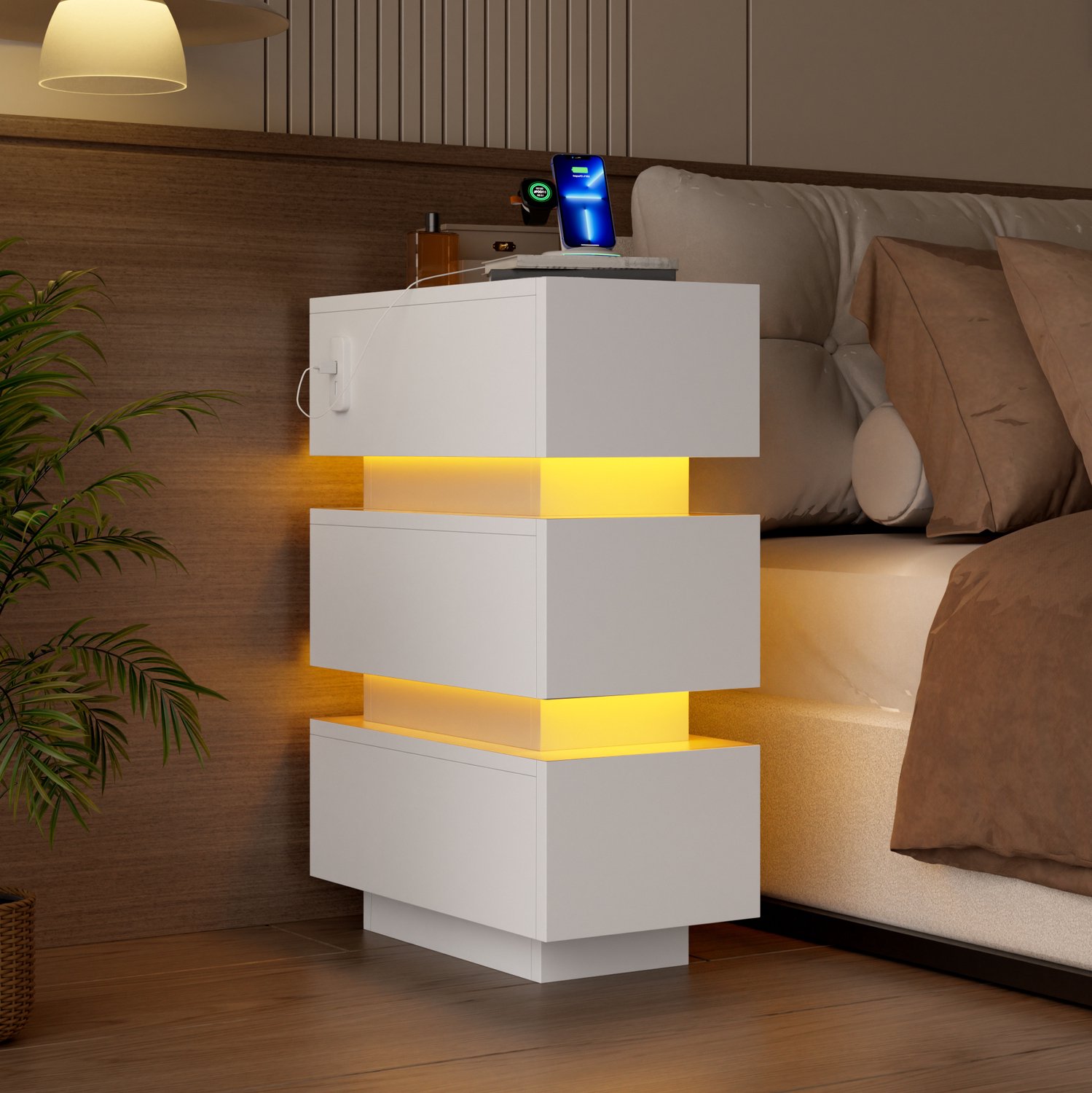 DESMIU Nachtkastjes - Set van 2 met 3 Laden, Ledverlichting en Usb en Type C Aansluiting - Voor Slaapkamer - Spaanplaat - Wit - 20 x 40 x 59,5 cm
