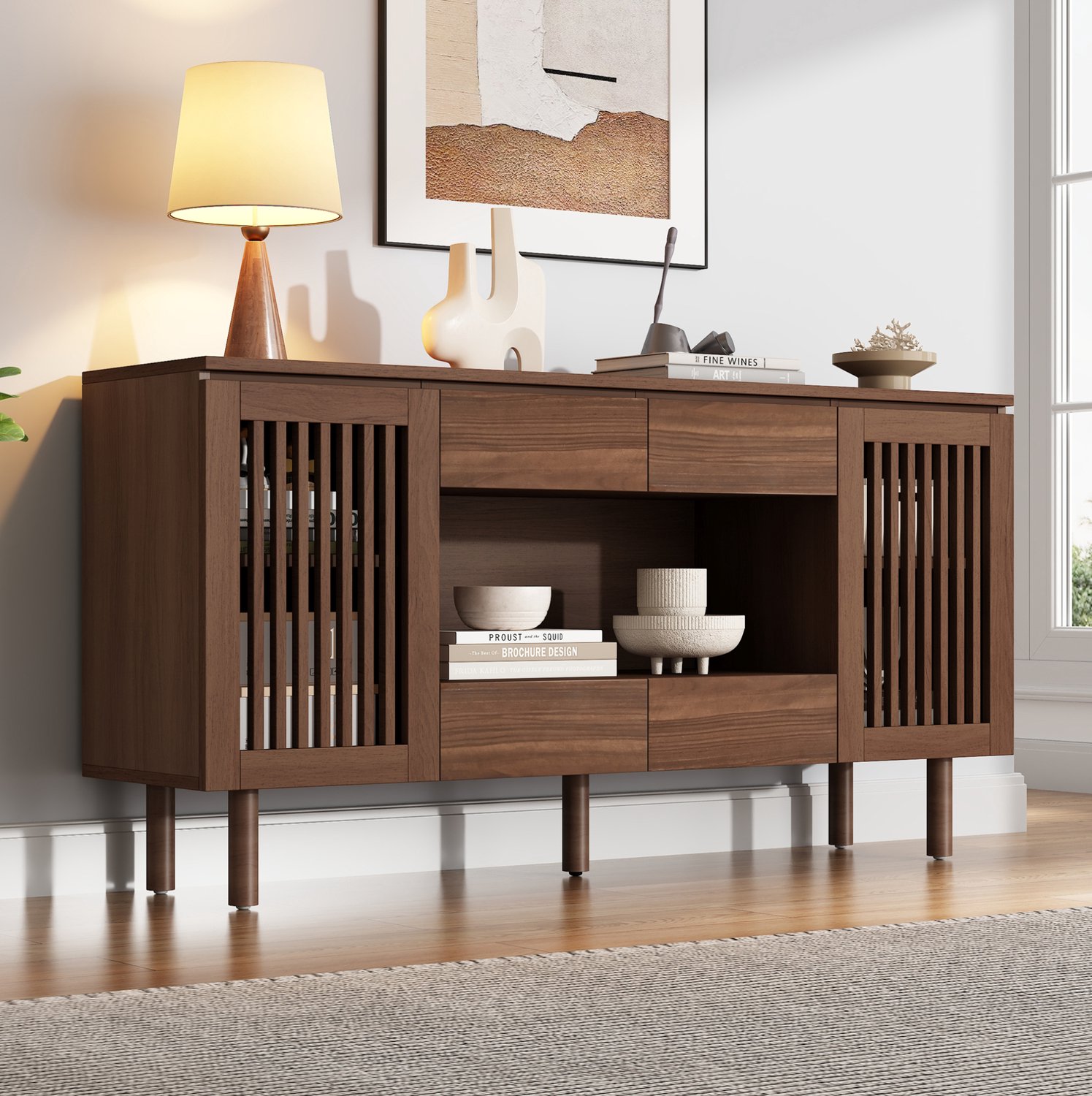 DESMIU Dressoir - 4 Lades en 2 Lamellendeuren - Opbergkast voor Woonkamer, Eetkamer en Hal - MDF en Hout - 140 x 35 x 71 cm - Walnootkleur