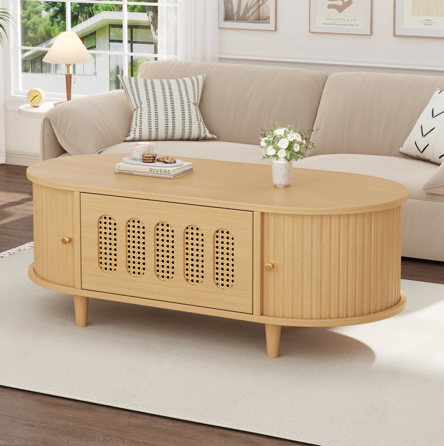 MODENUIT Salontafel - Lade En Twee Roldeuren Met Rotanpatroon - Voor Woonkamer - MDF Naturel - 100x50x40 Cm