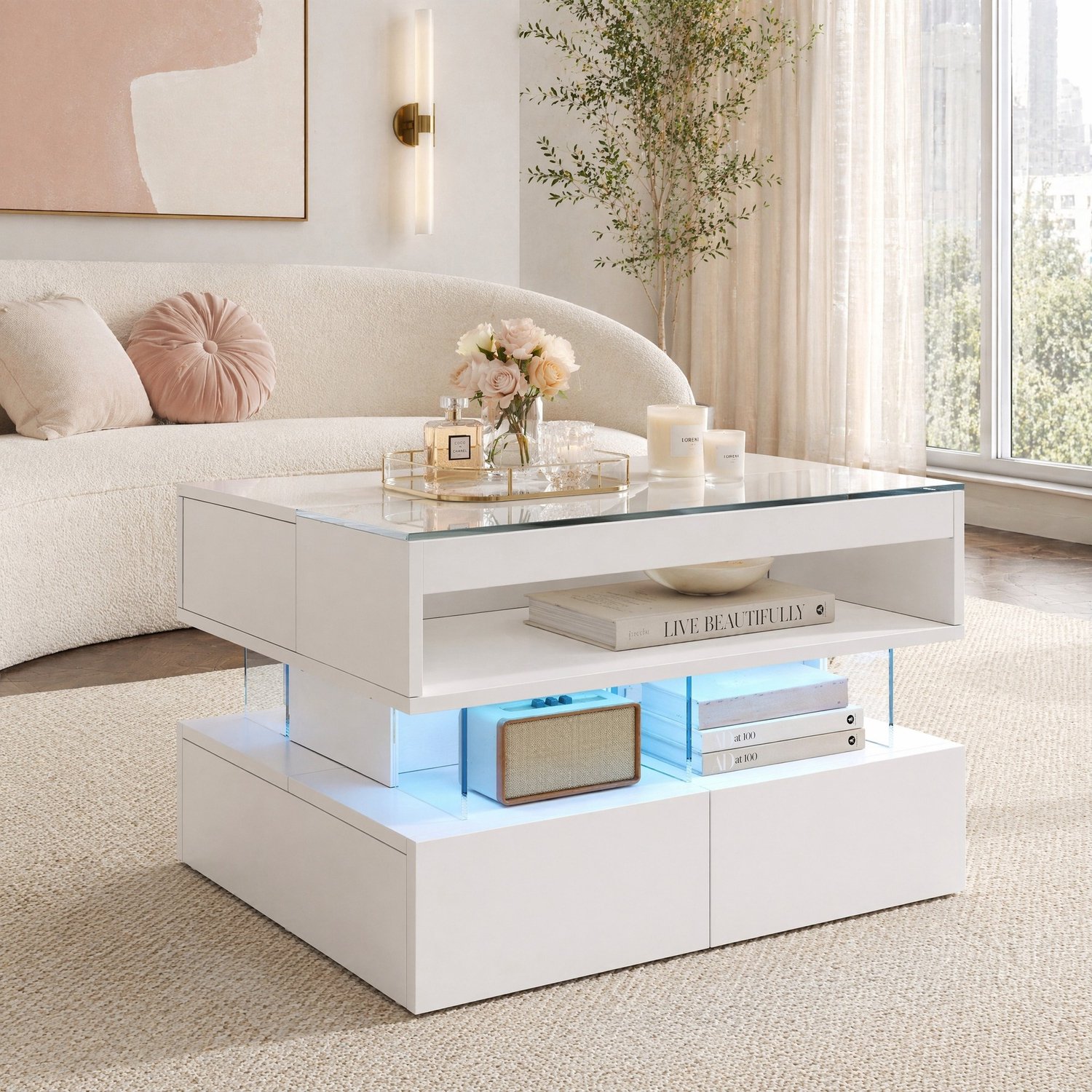 Maisentiel Witte salontafel met lift-up tafelblad, glasplaat, opbergruimte en ledverlichting