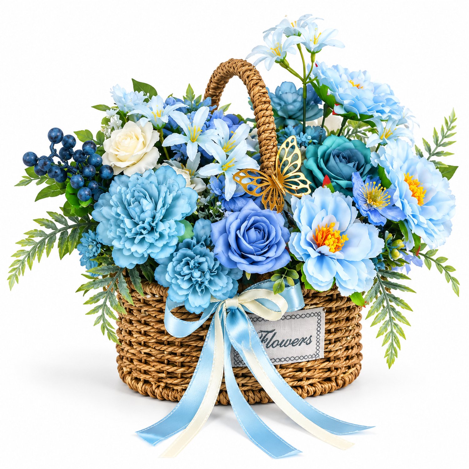 La Roselle Amsterdam Blauw Kunstbloemenboeket in Rieten Mand – Luxe Bloemstuk met Blauwe en Witte Rozen, Vlinders en Strik – Cadeau voor Elke Gelegenheid, Verjaardag, Jubileum, Moederdag en Feestdagen | La Roselle Amsterdam Lichtblauw, turquoise, wit en donkerblauw