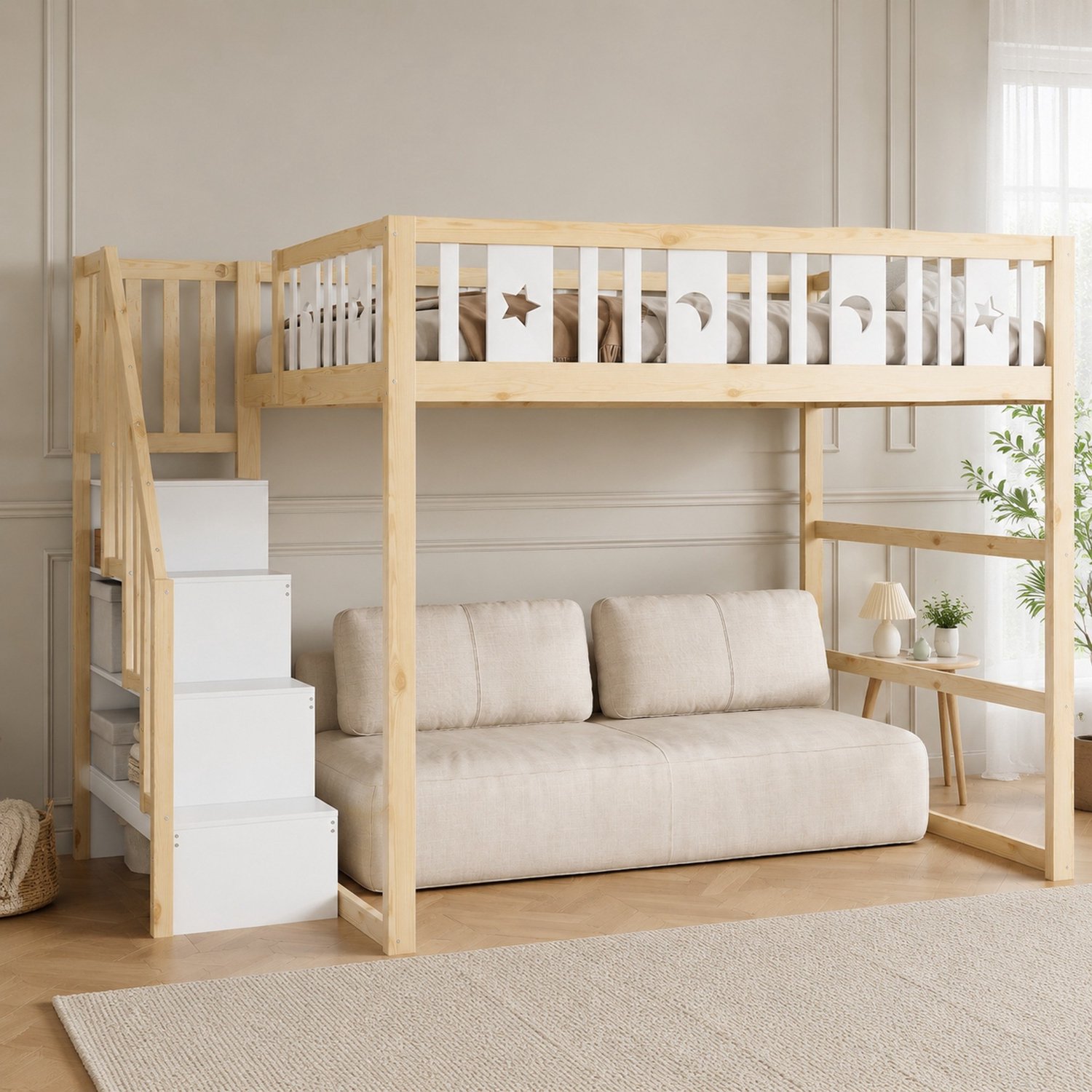 Maisentiel Kinderhoogslaper 140 x 200 cm met trap, opbergruimte en zithoek - naturel/wit
