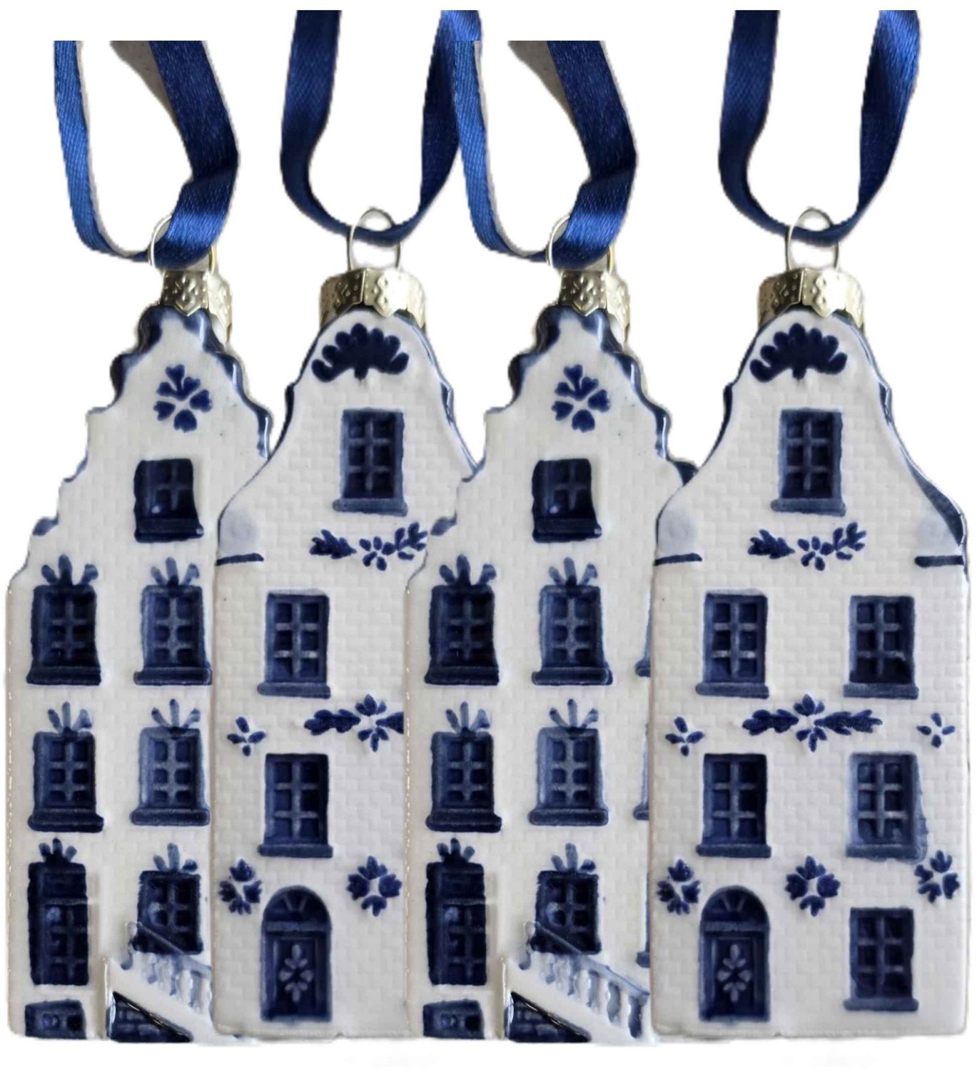 TTD Gifts Kerstornament -set van 4 stuks - keramieken - gevelhuisjes - trapgevel en tuitgevel- Delfts-blauw - Typisch Hollands - Holland gifts Delfts blauw