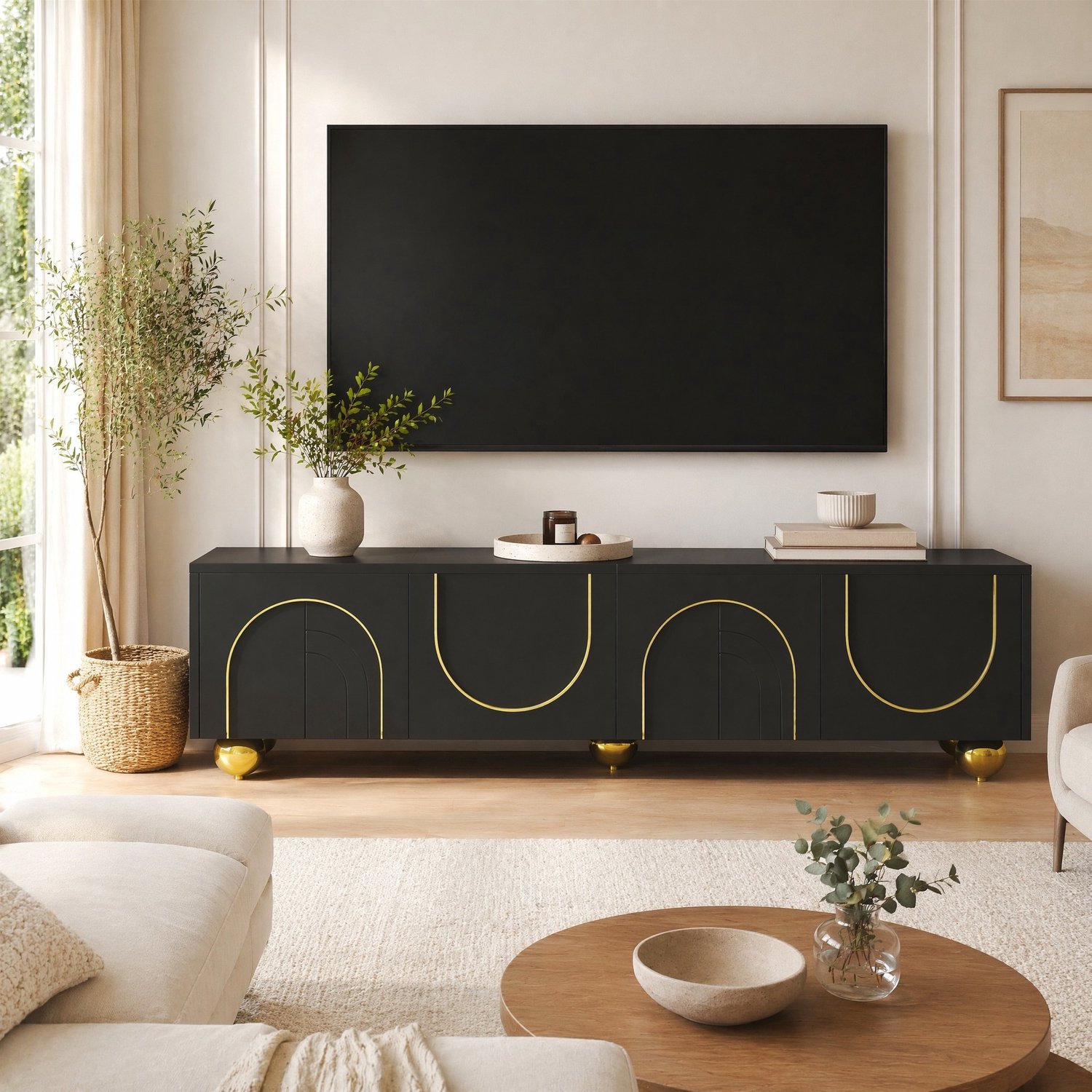 Maisentiel Tv-meubel 170 x 38 x 44 cm - zwart en goud - 4 deuren met push-to-open