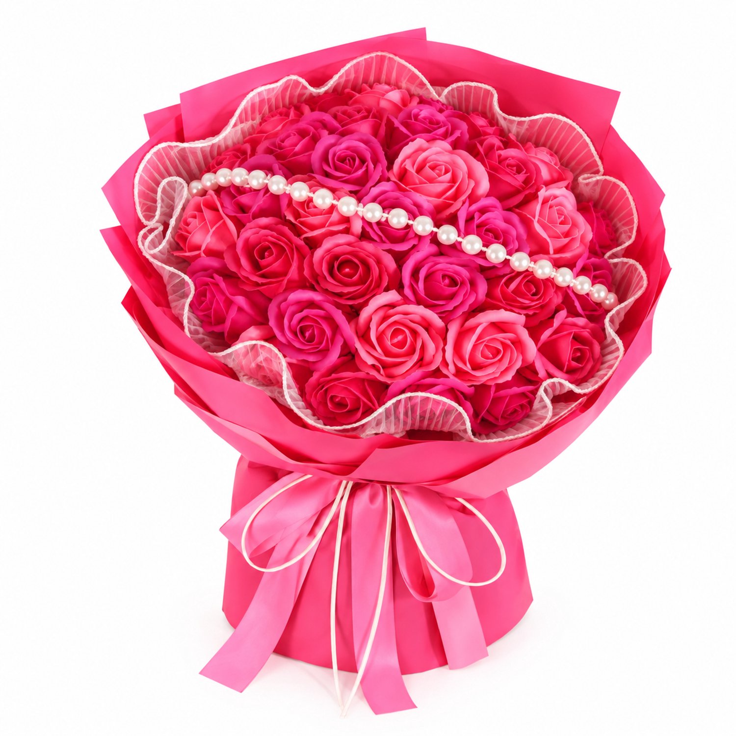 La Roselle Amsterdam Roze Kunstrozen Boeket met Pareldecoratie – Luxe Kunstbloemen met Roze Strik – La Roselle Amsterdam Roze - Rode