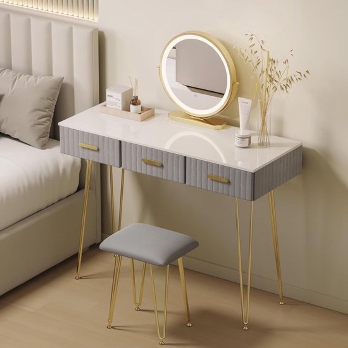 Kaptafel met LED-verlichting en comfortabele kruk - verstelbare spiegel - 3 lades