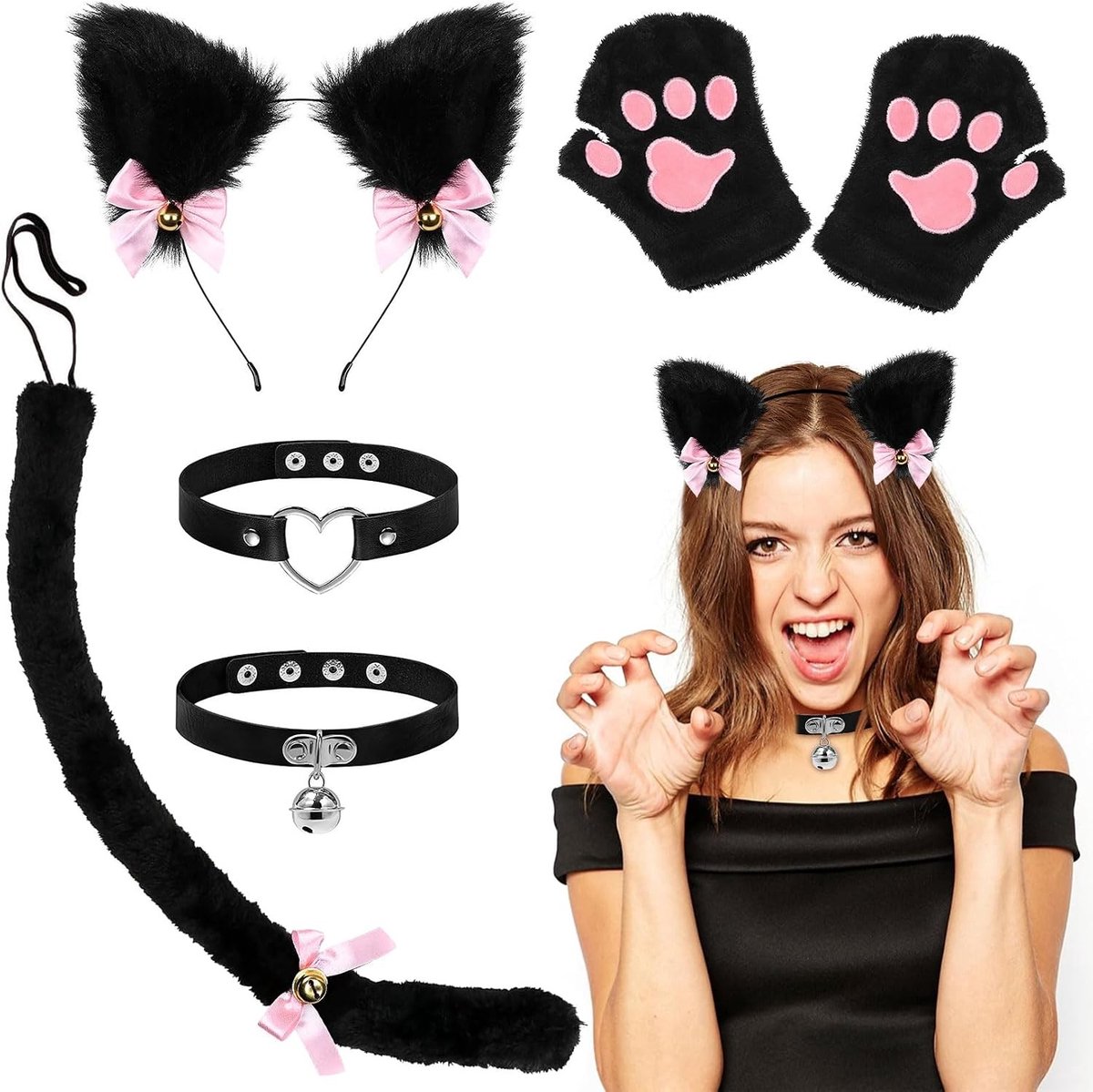 Zwarte Kat Cosplay Set voor Dames met Oren, Handschoenen, Staart en Halsband voor Halloween en Carnavalsfeesten